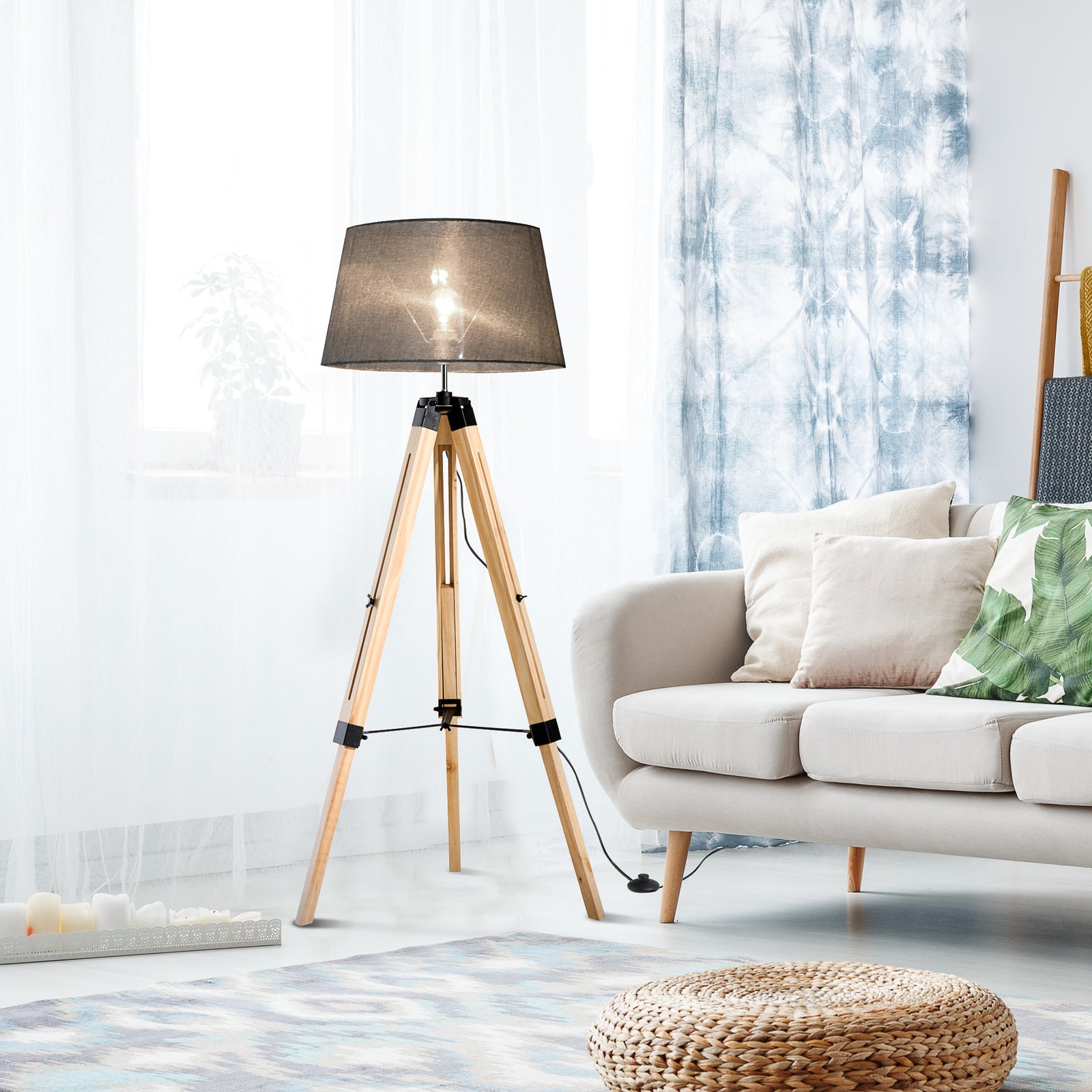 Tripod Floor Lamp With Linen Shade Pinewood Legs Adjustable