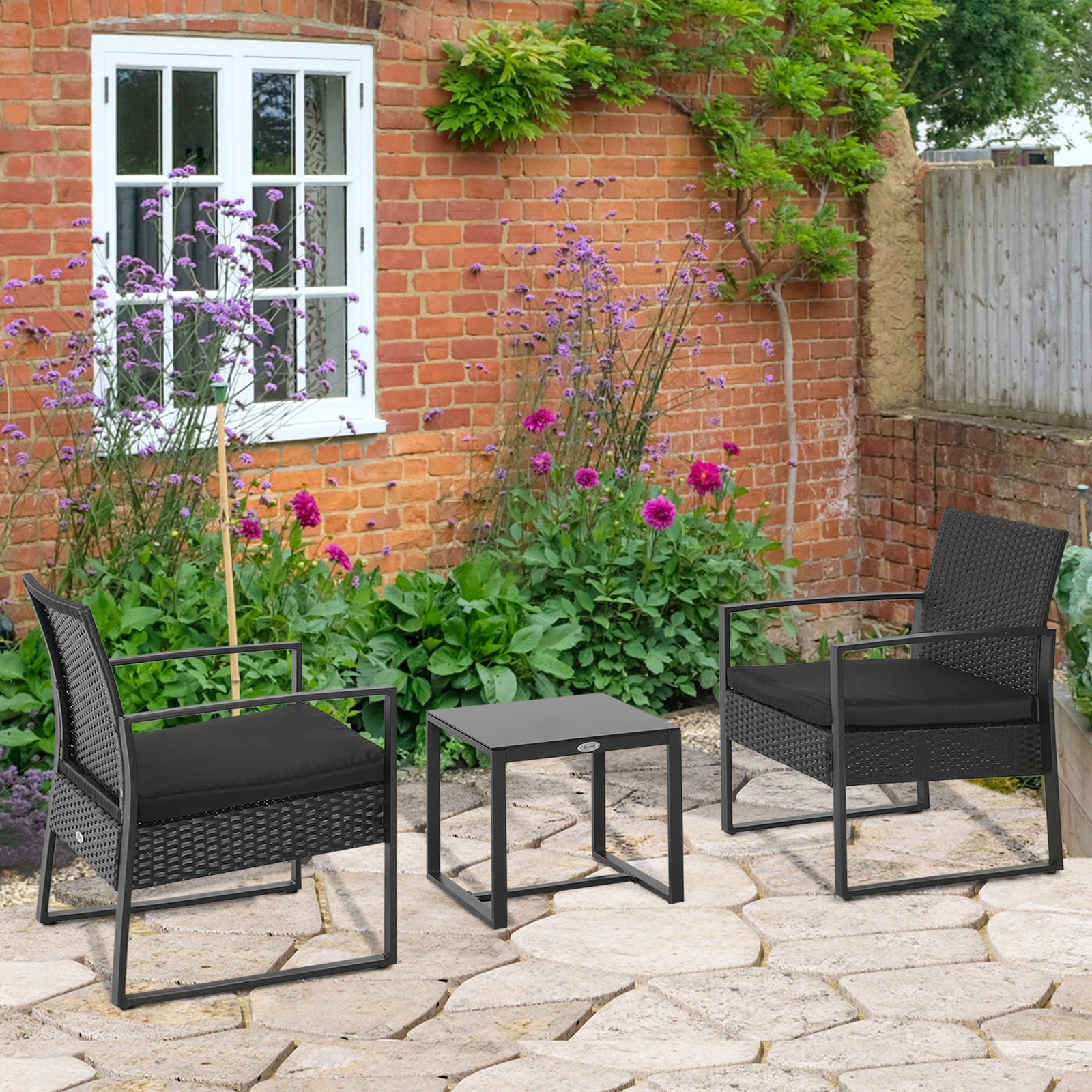 3pc Rattan Patio Bistro Set 2 Chairs Coffee Side Table Set | Black