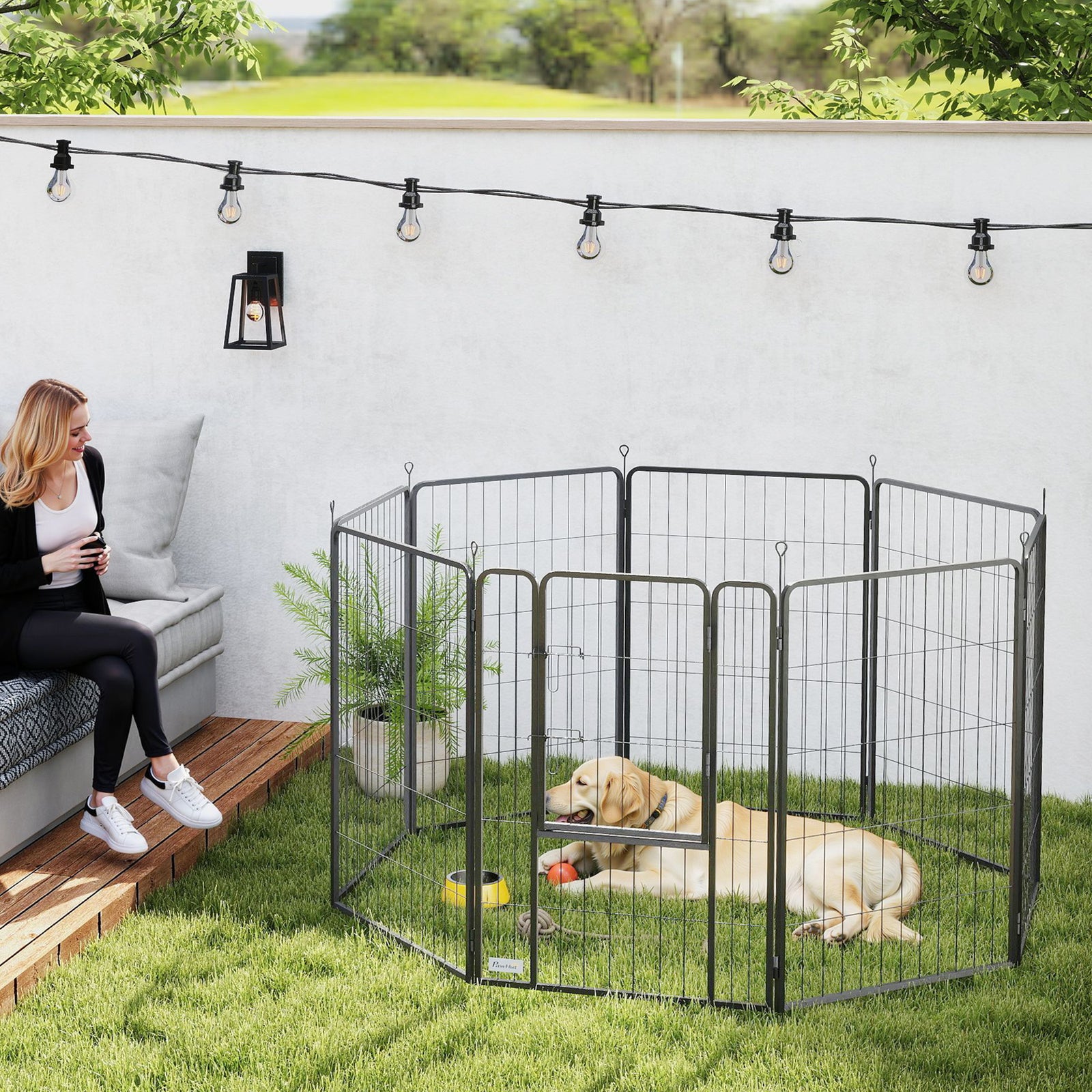 8 Panels Dog Playpen, Foldable Dog Pen Indoor Outdoor With Door | 100cm | Black