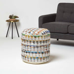 HOMESCAPES Cream Chindi Pattern Woven Bean Filled Pouffe Circular 45 X 40 Cm
