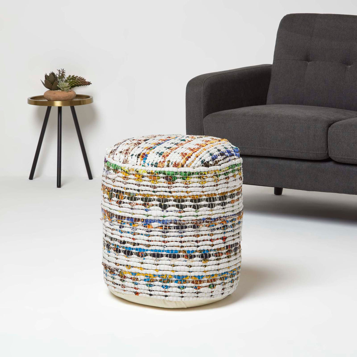 HOMESCAPES Cream Chindi Pattern Woven Bean Filled Pouffe Circular 45 X 40 Cm