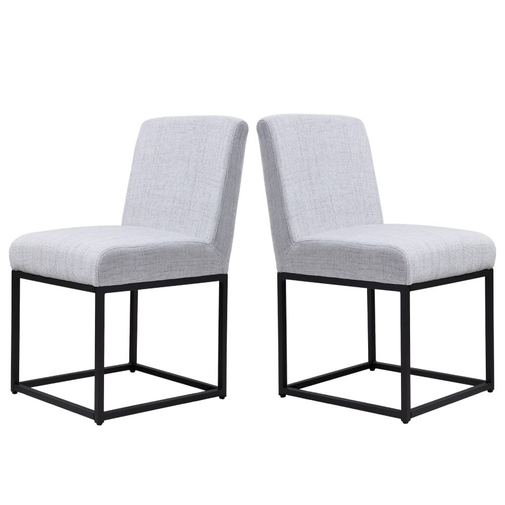 Set Of 2 Chenille Upholstered Dining Chairs With Black Metal Legs | Light Grey