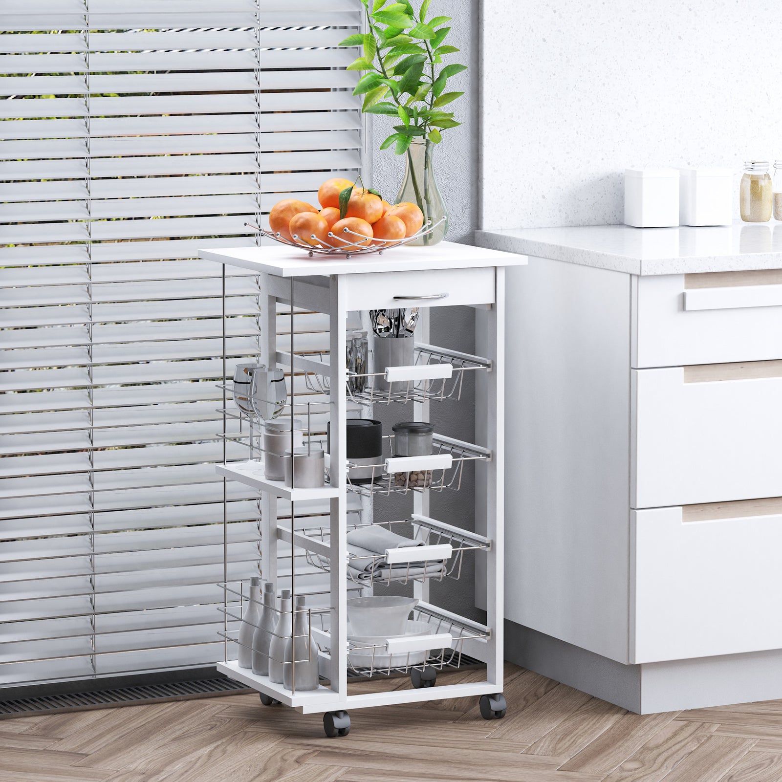 Kitchen Island Trolley W/ 4 Baskets 2 Side Racks Drawer | White