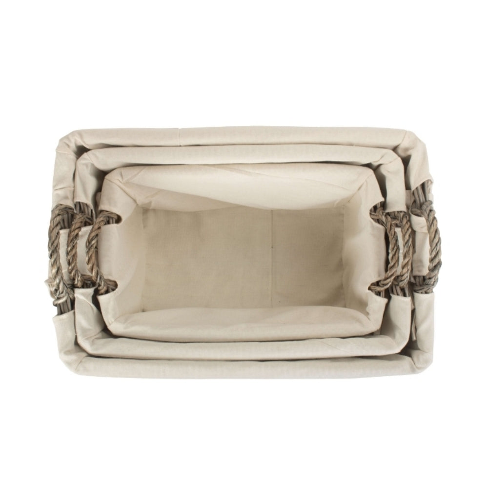 Wicker Shallow Lined Antique Wash Storage Basket | Set-of-3 | White