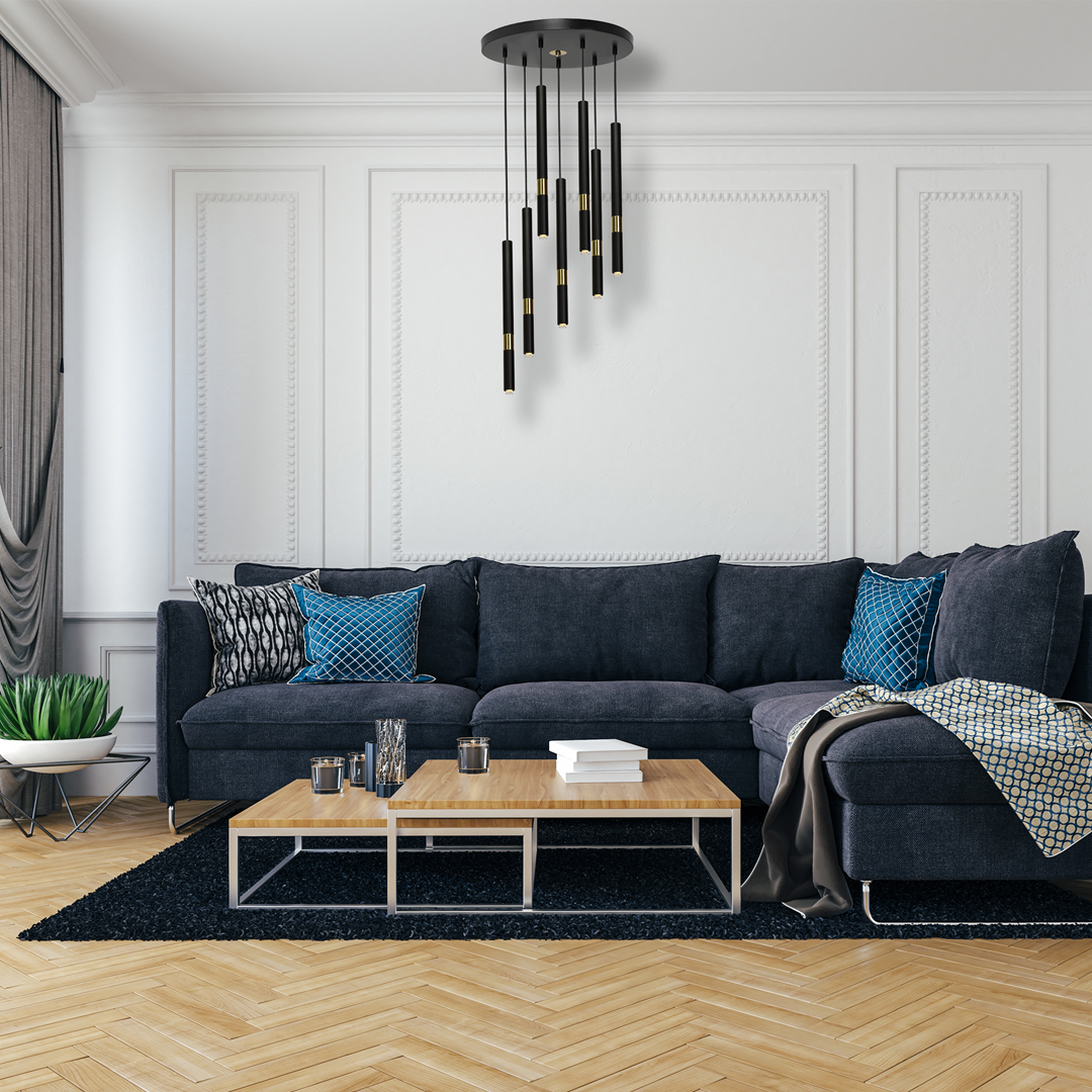 Monza Designer Black Pendant Lamp (7xg9) High Quality Hand Made From Matt Black Alloy With Luxurious Gold Detail