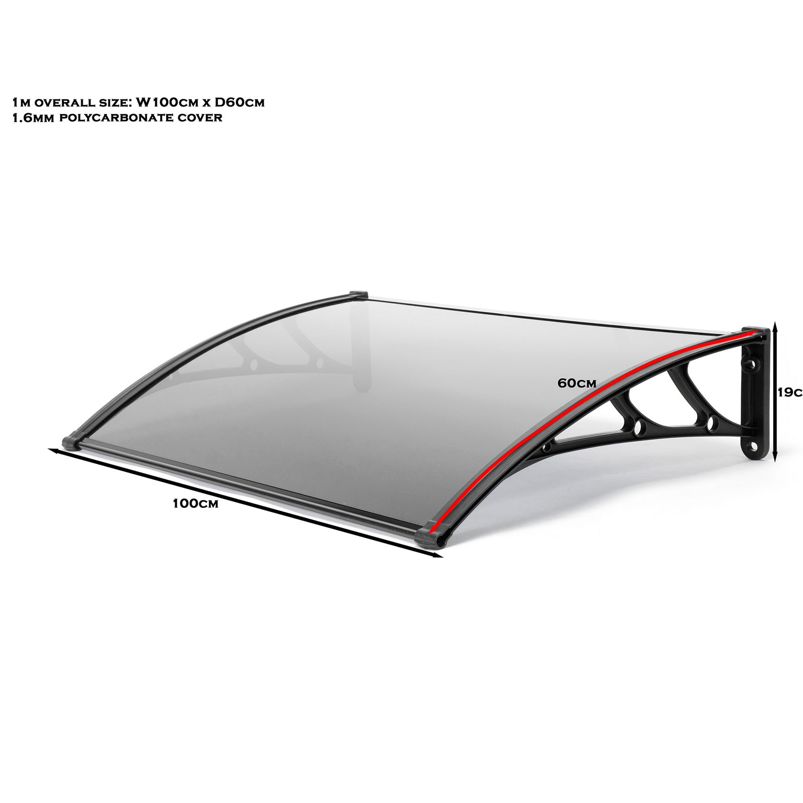 1m Grey Door Canopy Uv Stabilised Solid Polycarbonate Rain Shelter Black Brackets