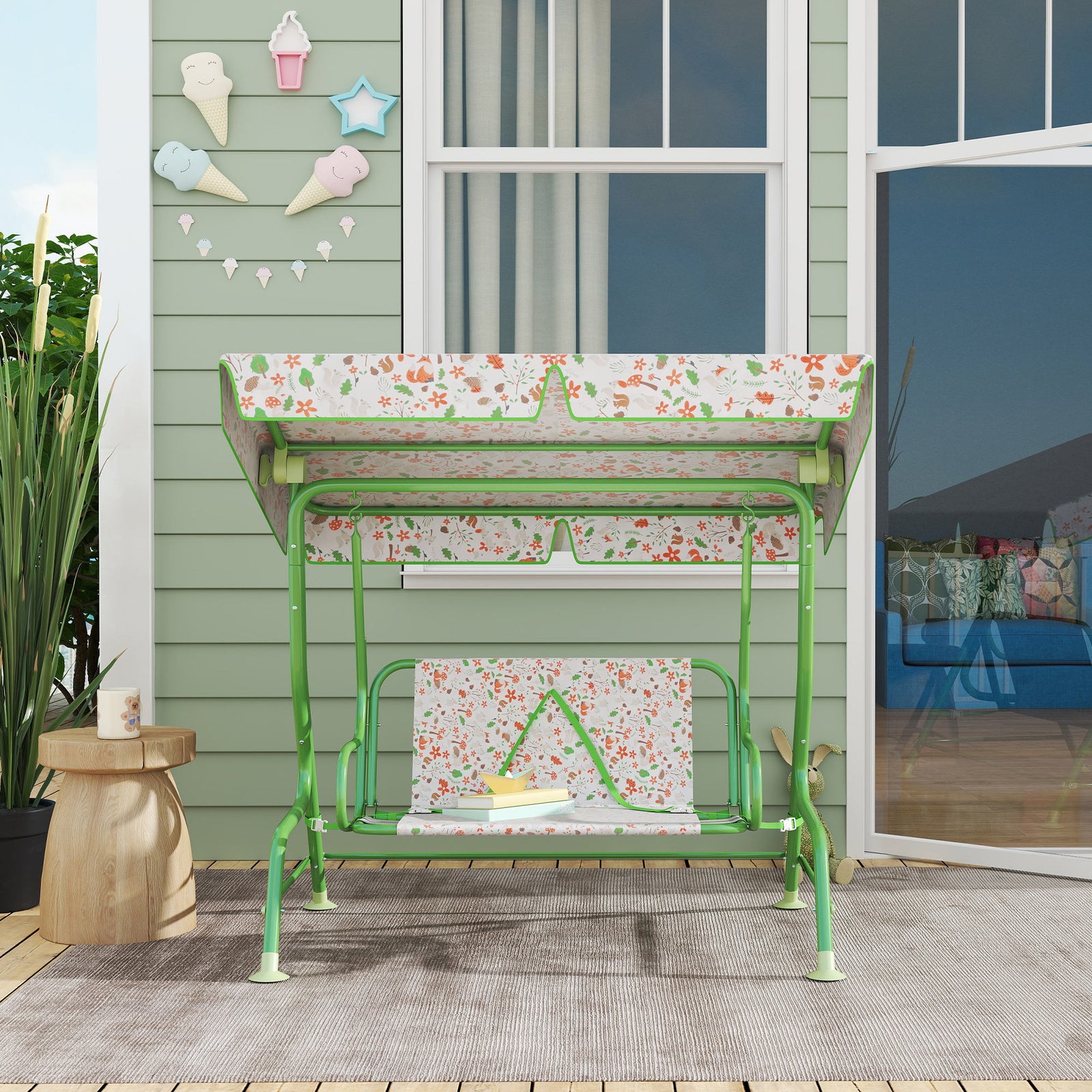 Kids Garden Swing Seat, Outdoor Swing Chair With Adjustable Canopy | Green