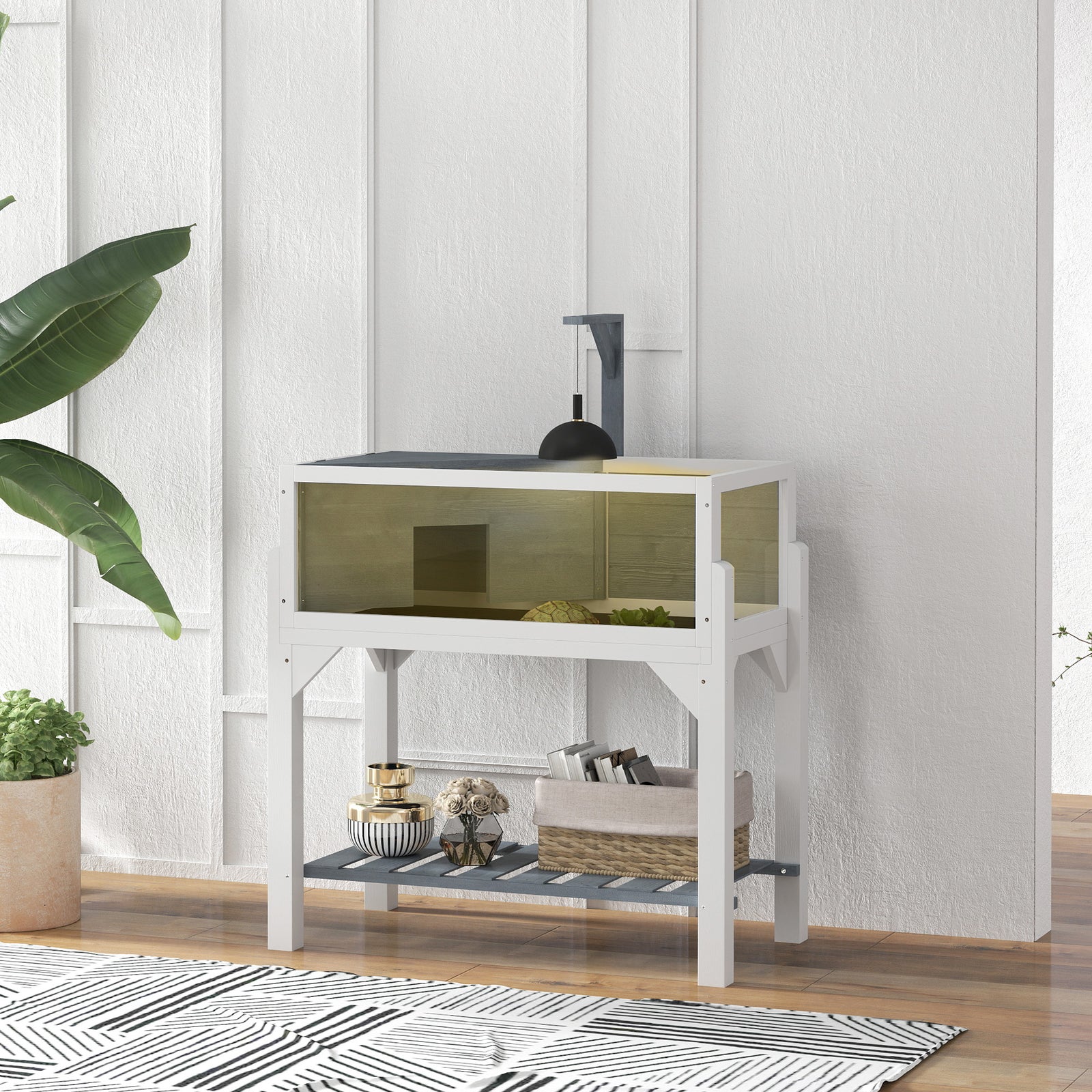 Pawhut Wooden Tortoise House With Storage Shelf, Clear Observation Windows