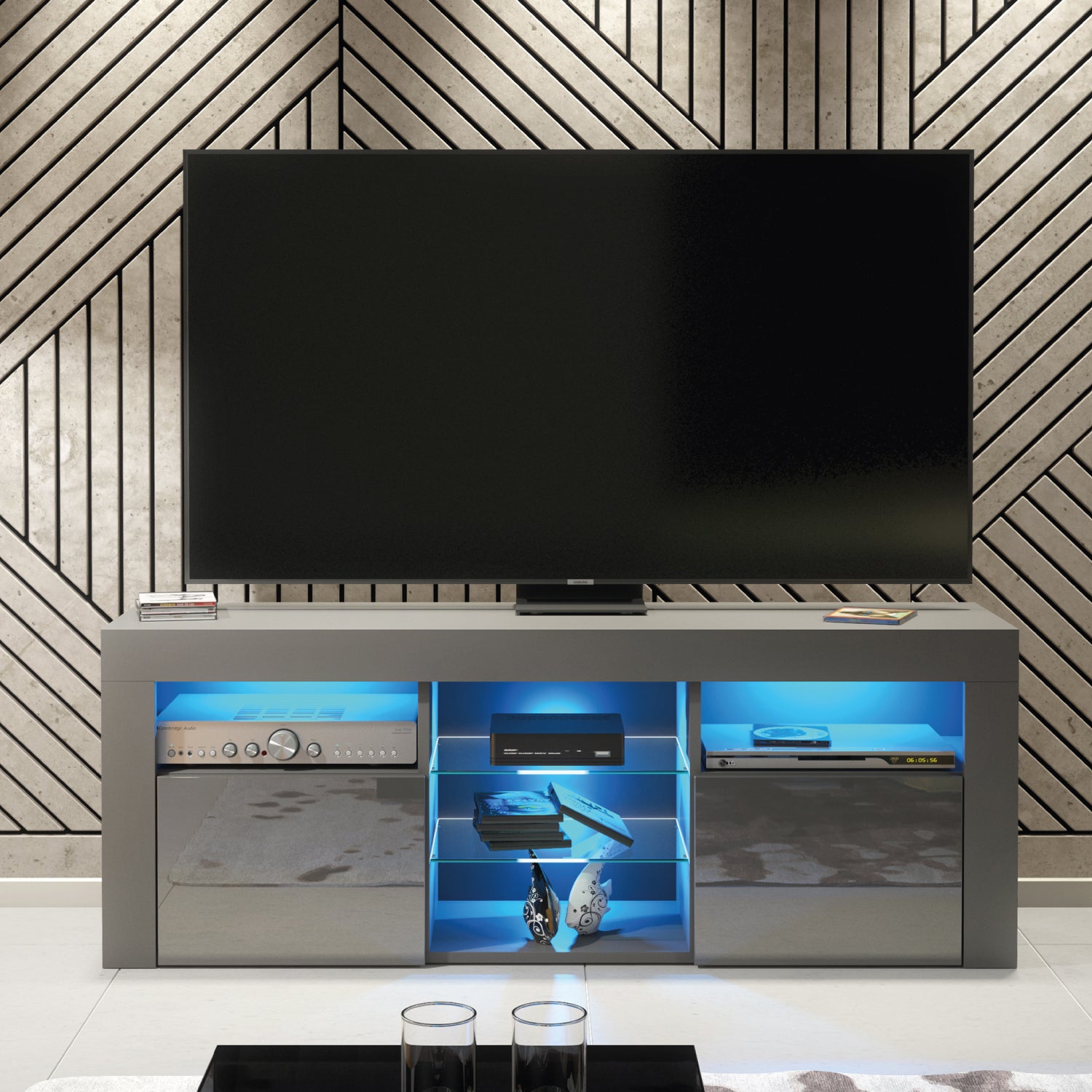 Pulse Tv Unit 145cm With Led Lights | Dark Grey