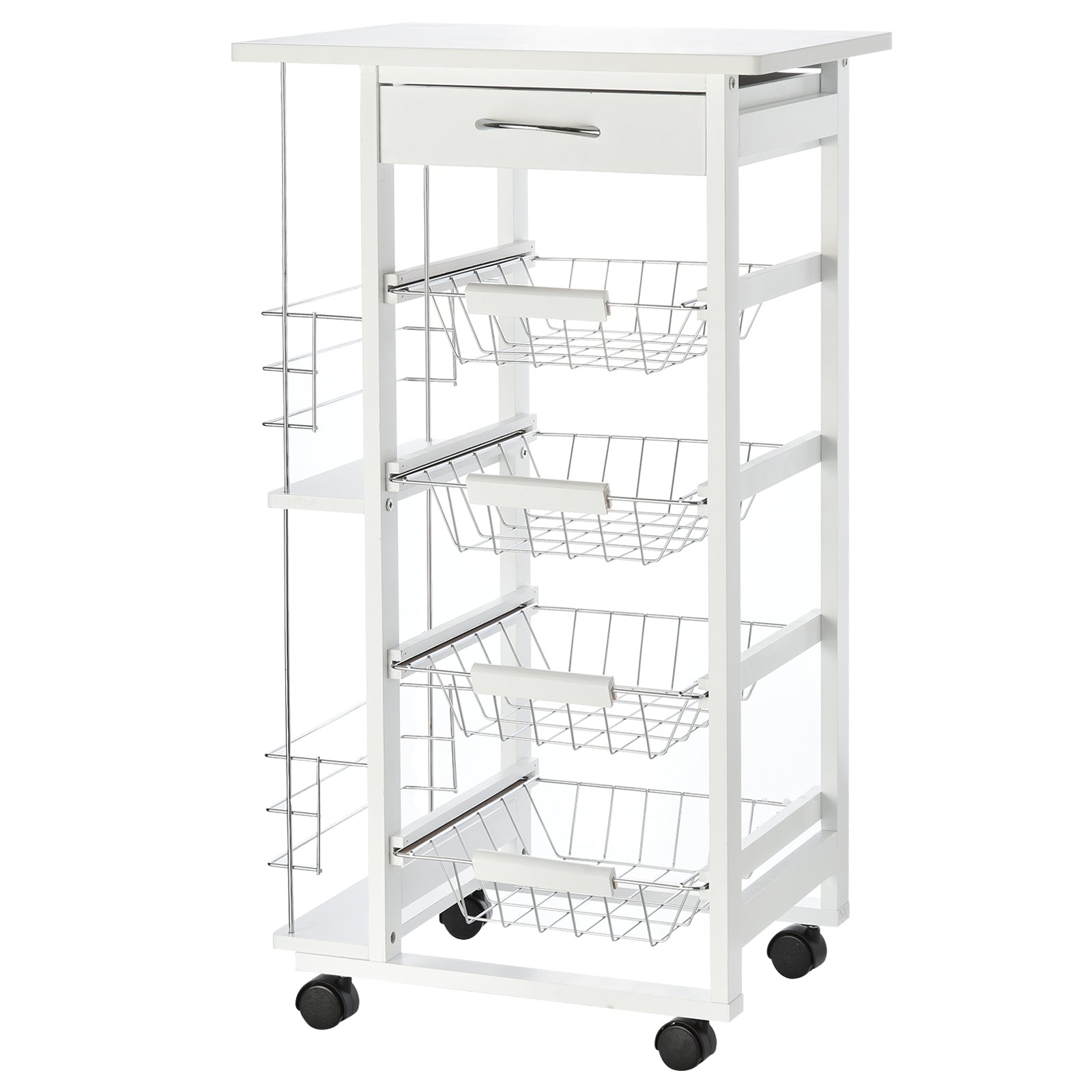 Kitchen Island Trolley W/ 4 Baskets 2 Side Racks Drawer | White