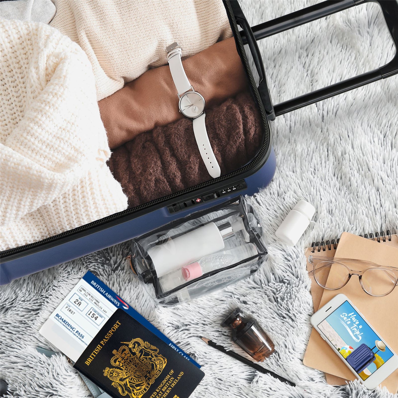 55x40x20cm Lightweight Luggage Overhead Cabin Hard Shell Cabin Suitcase 60+ Airlines Approved - Carry On Case - 4 Wheels | Cabin | Navy Blue