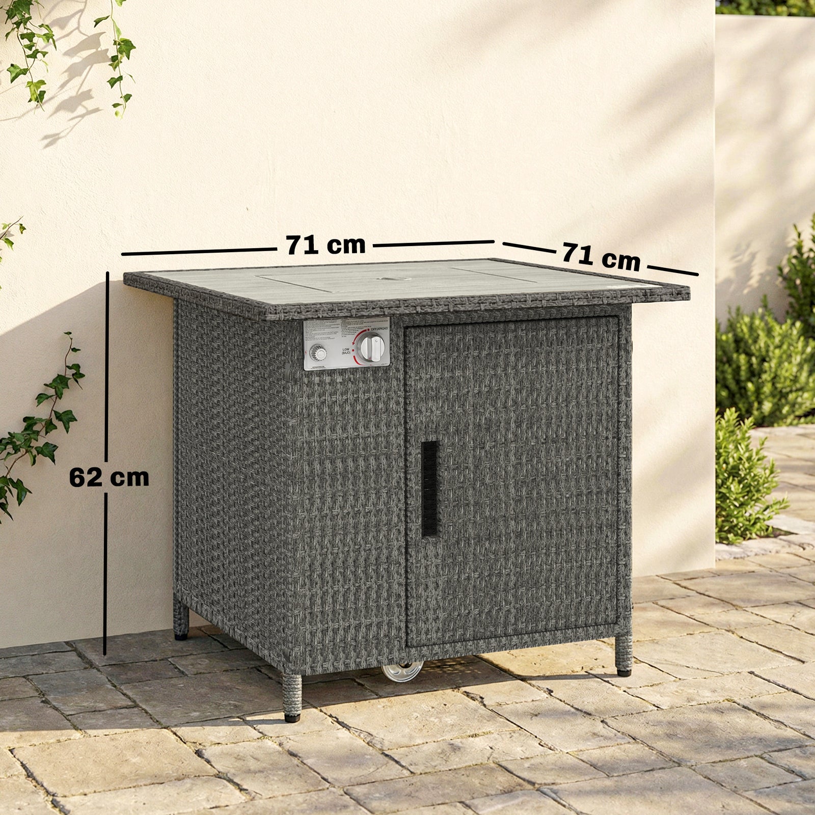 Rattan Gas Fire Pit Table With Rain Cover, Wind Guard, 14.5 Kw | Dark Grey