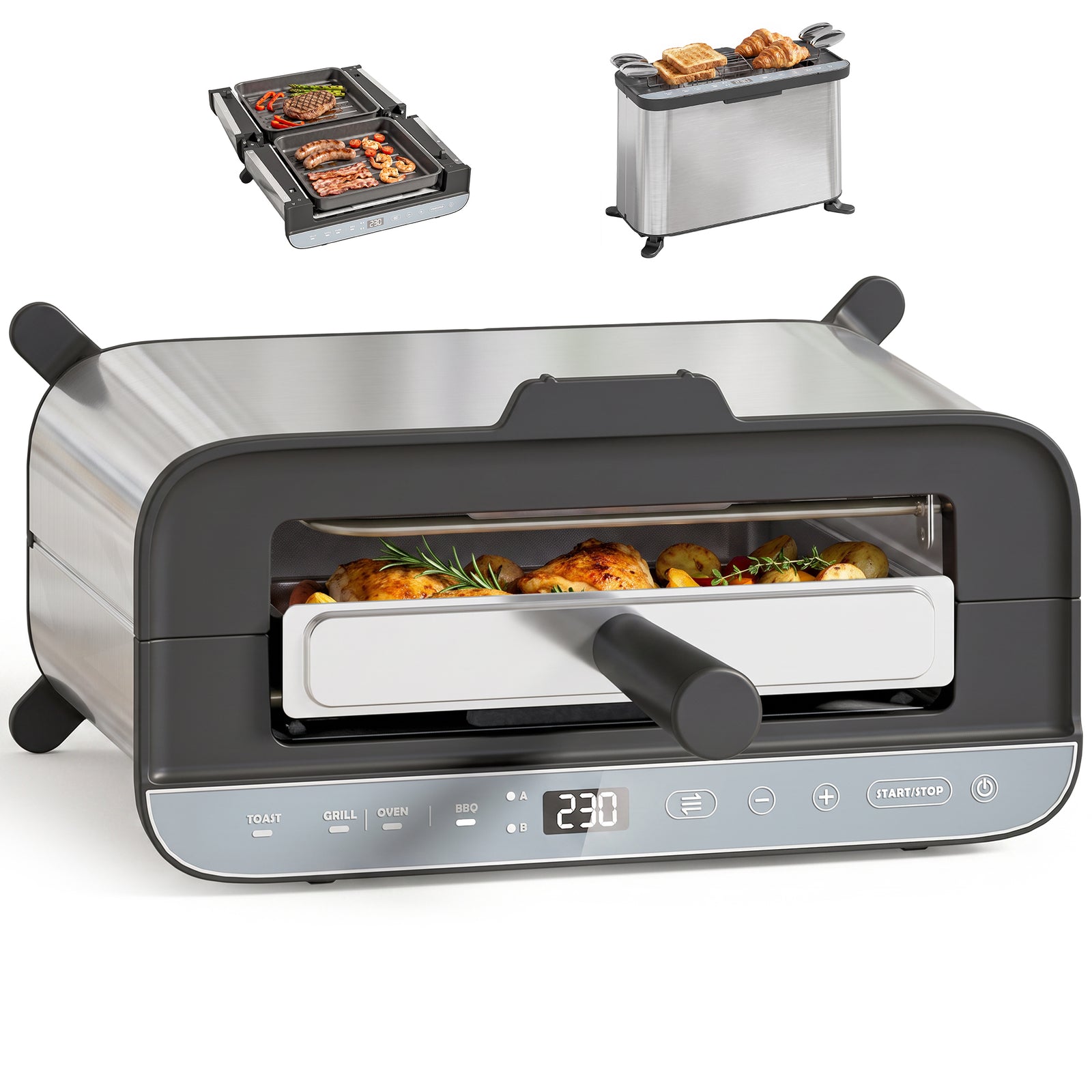 3-in-1 Electric Mini Oven, Long Slot Toaster And Tabletop Grill | Silver