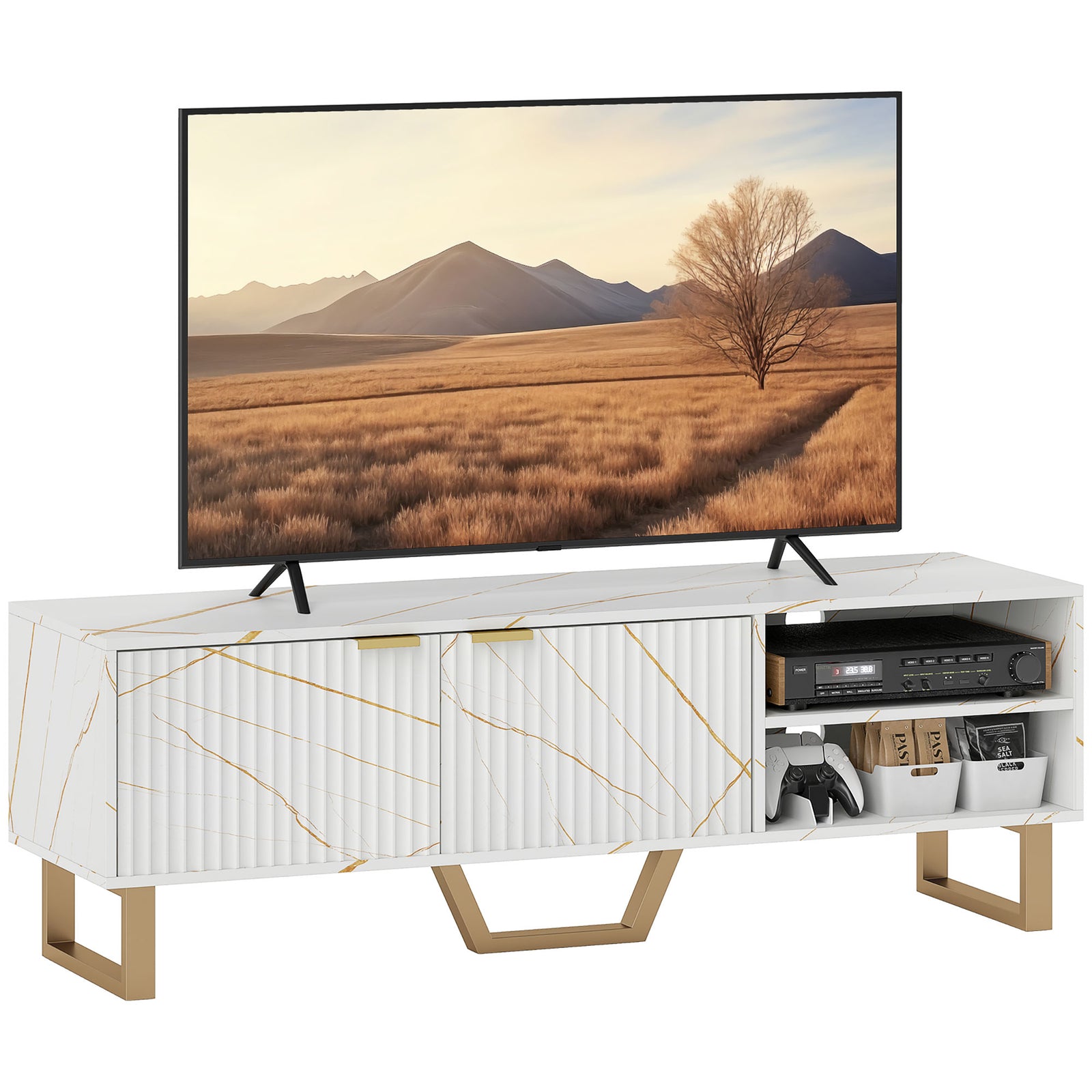 Tv Unit, Tv Stand Cabinet With Shelves And Storage Cupboard | One Size | White