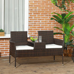 Rattan Garden Bench W/ Glass Table, Wicker Chair, Cushions | Brown