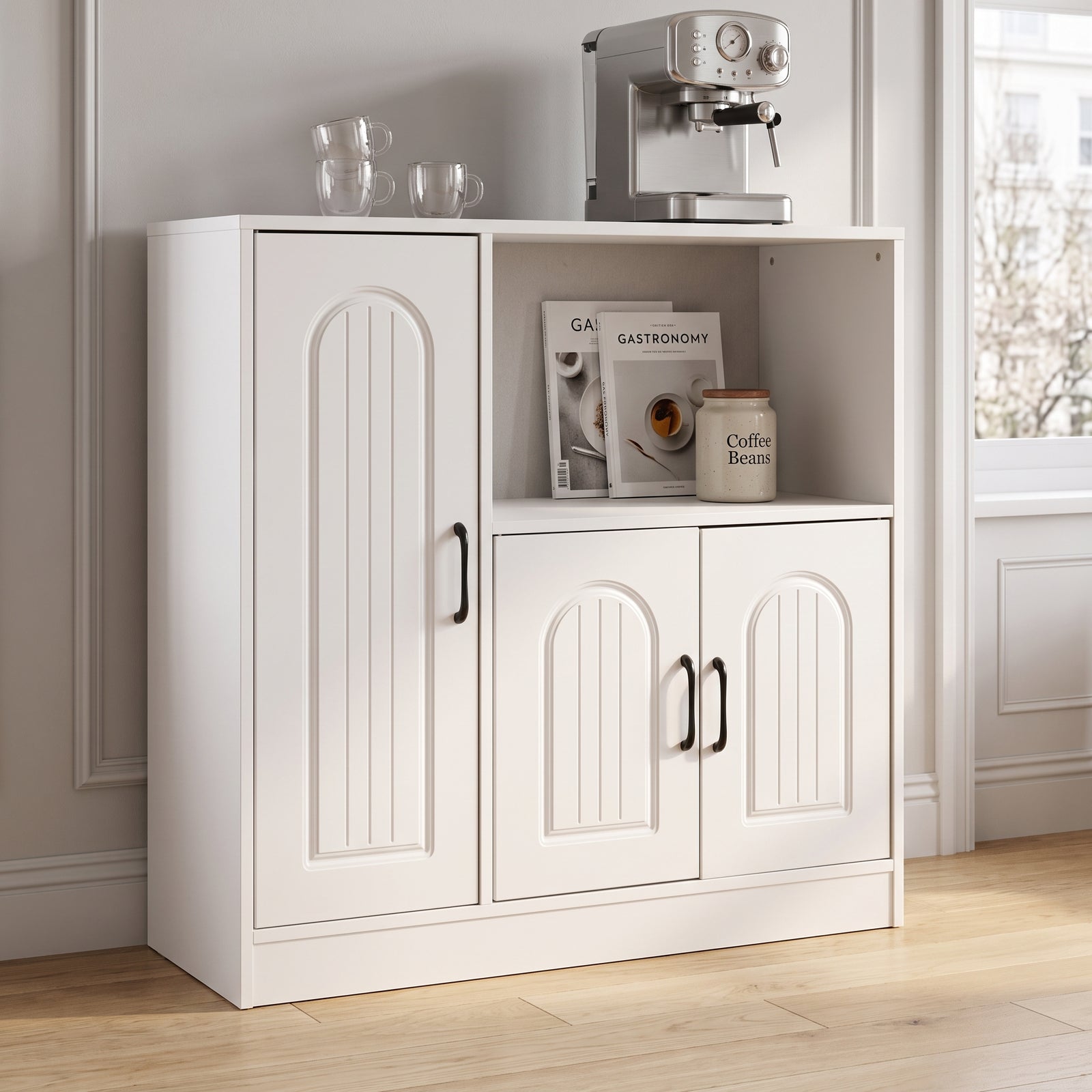 Breeins Wooden Sideboard Storage Cabinet With Microwave Counter Organizer