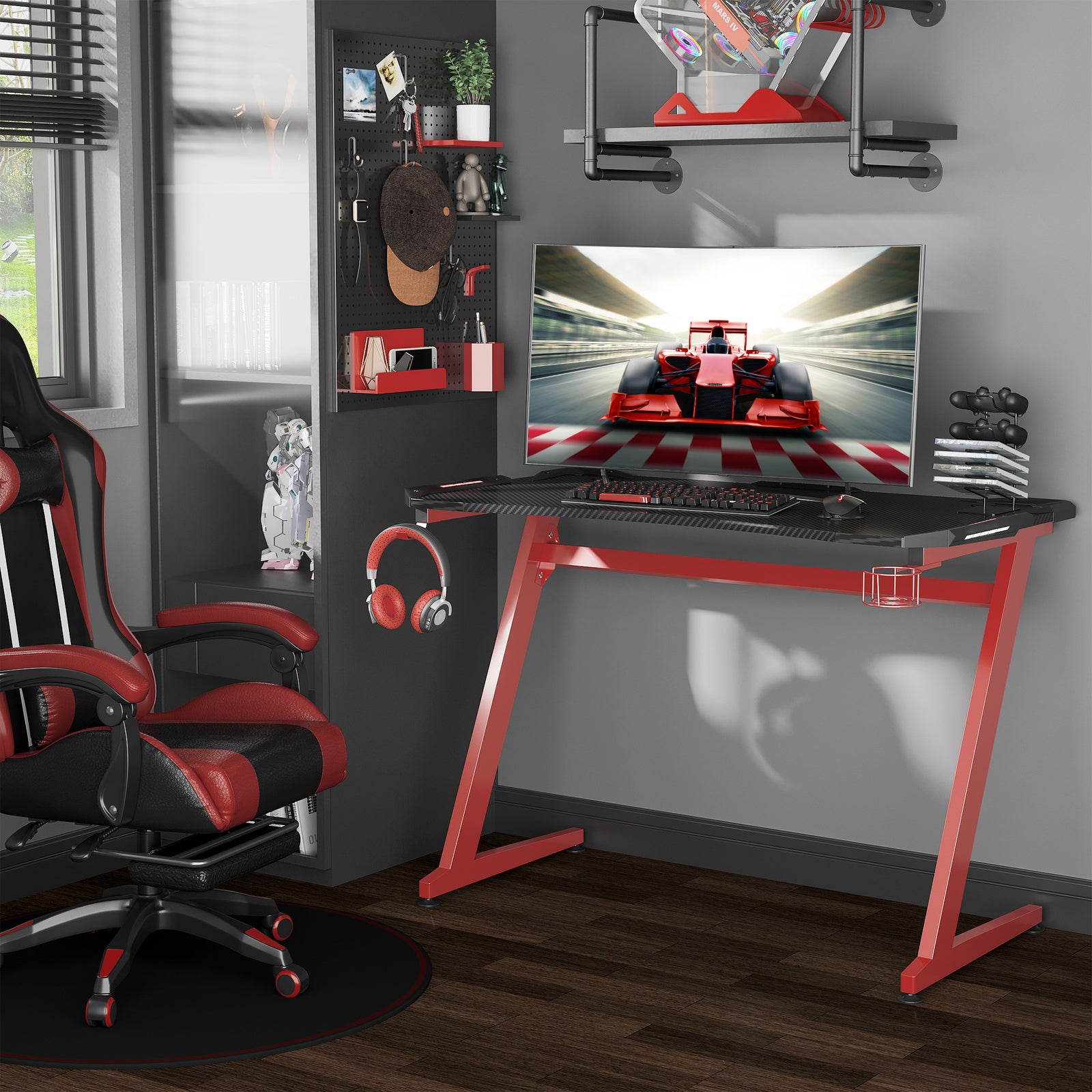 Gaming Desk With Gamepad Holder Headphone Hook | Red