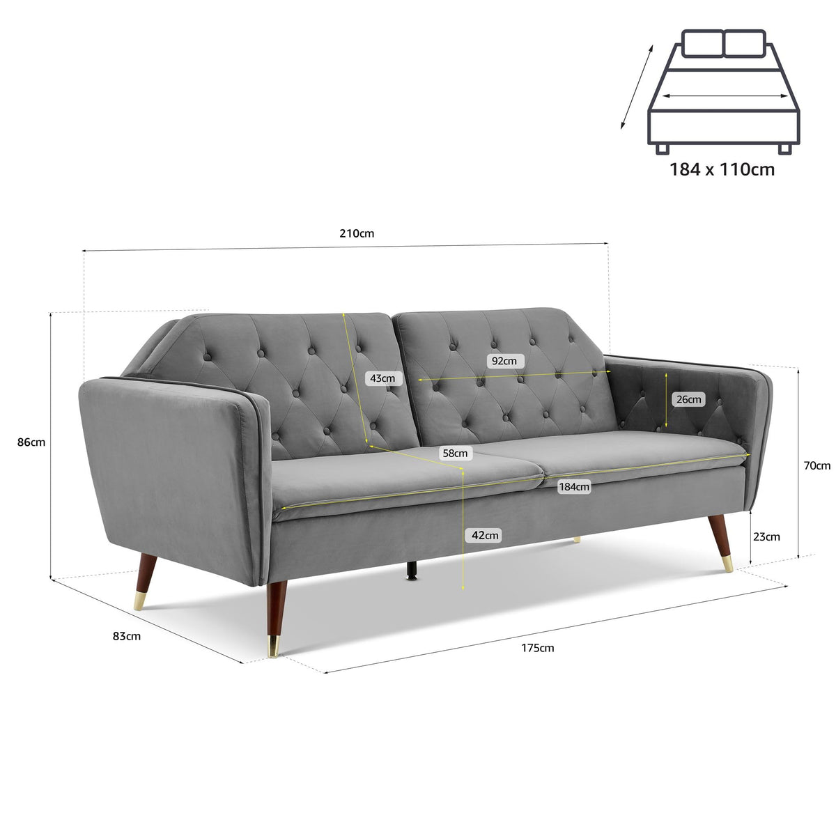 Victoria Velvet Sofa Bed 3 Seater | Light Grey