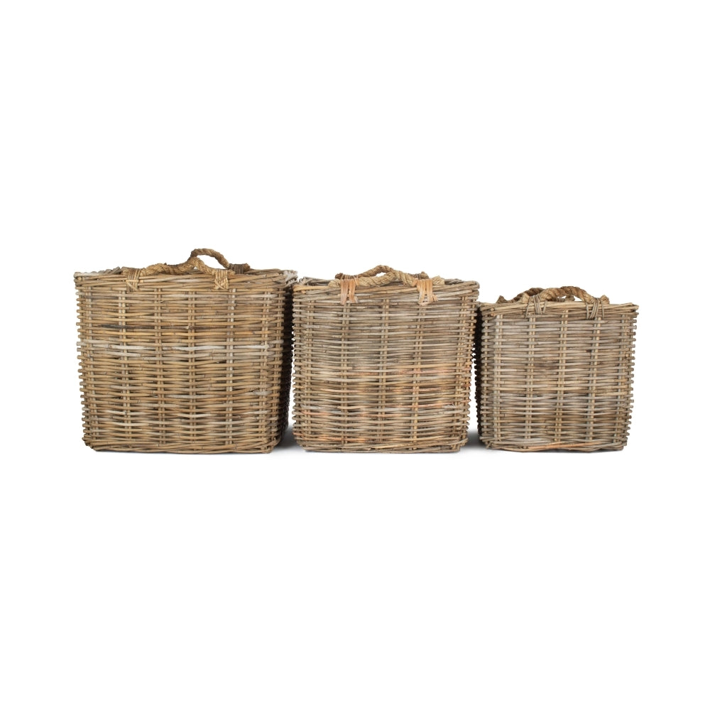 Square Grey Rattan Log Basket | Set-of-3 | Brown