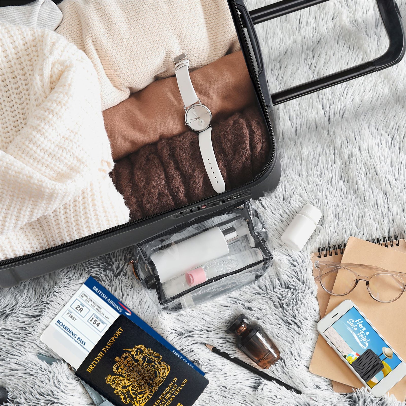 56x45x25cm Large Cabin Carry On Case - Overhead Luggage Suitcase - 4 Spinner Wheels - Abs Hard Shell Cabin Bag | Cabin | Black