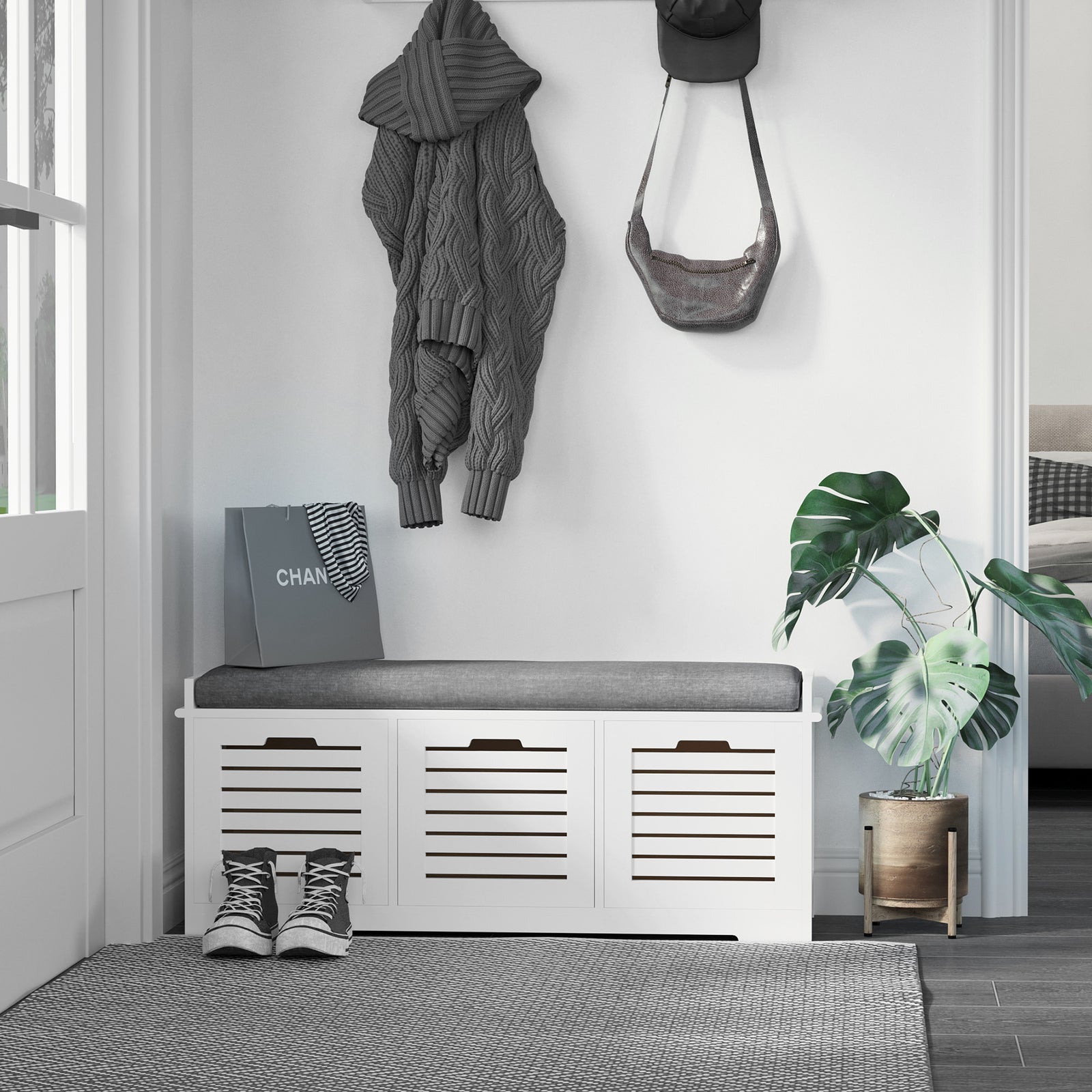 2/3 Door Shoe Storage Bench Cushion Seat Elevated Base | Large | Gray