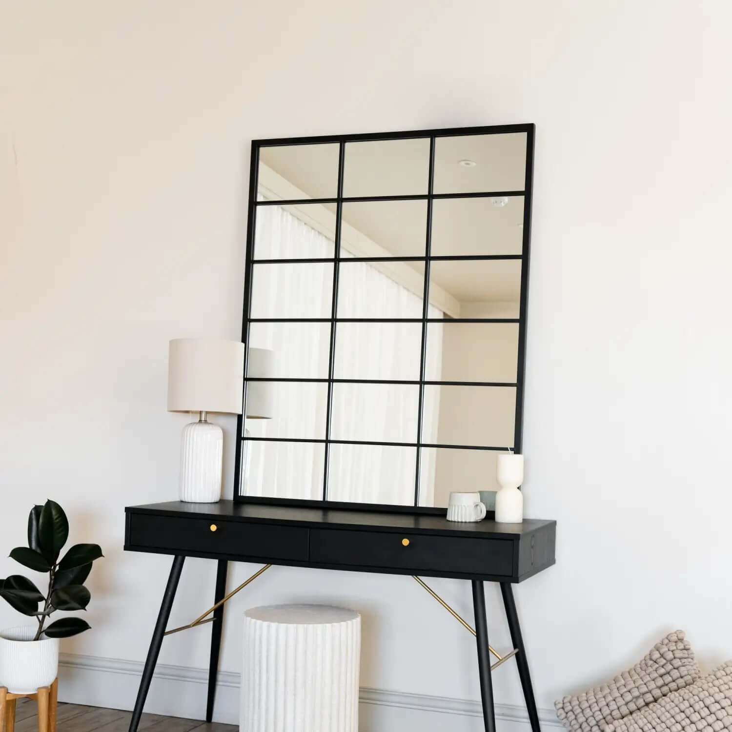 Kyō - Metal Rectangle Lattice Window Mirror | 120cm x 95cm | Black