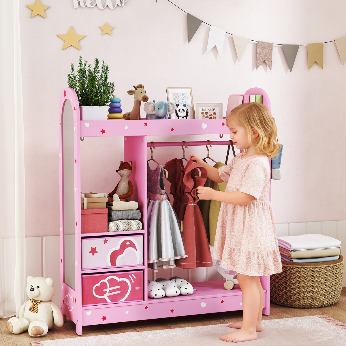 AIYAPLAY Kids Wardrobe, Kids Clothes Rail With Mirror For Bedroom, Pink