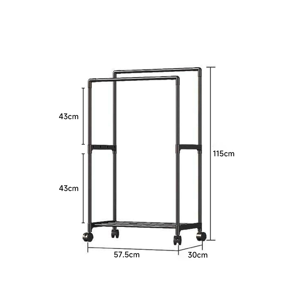 Double Rod Metal Clothes Rack On Wheels | Small | Black