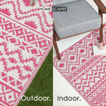 Luxury Outdoor Rug Waterproof Reversible For Garden Patio 100% Recycled, Pink Tia Aztec | 180cm x 270cm | Pink