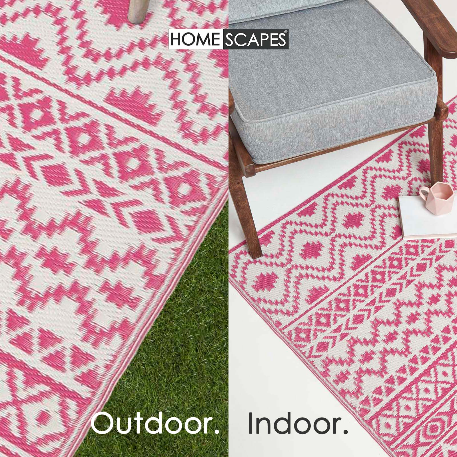 Luxury Outdoor Rug Waterproof Reversible For Garden Patio 100% Recycled, Pink Tia Aztec | 180cm x 270cm | Pink