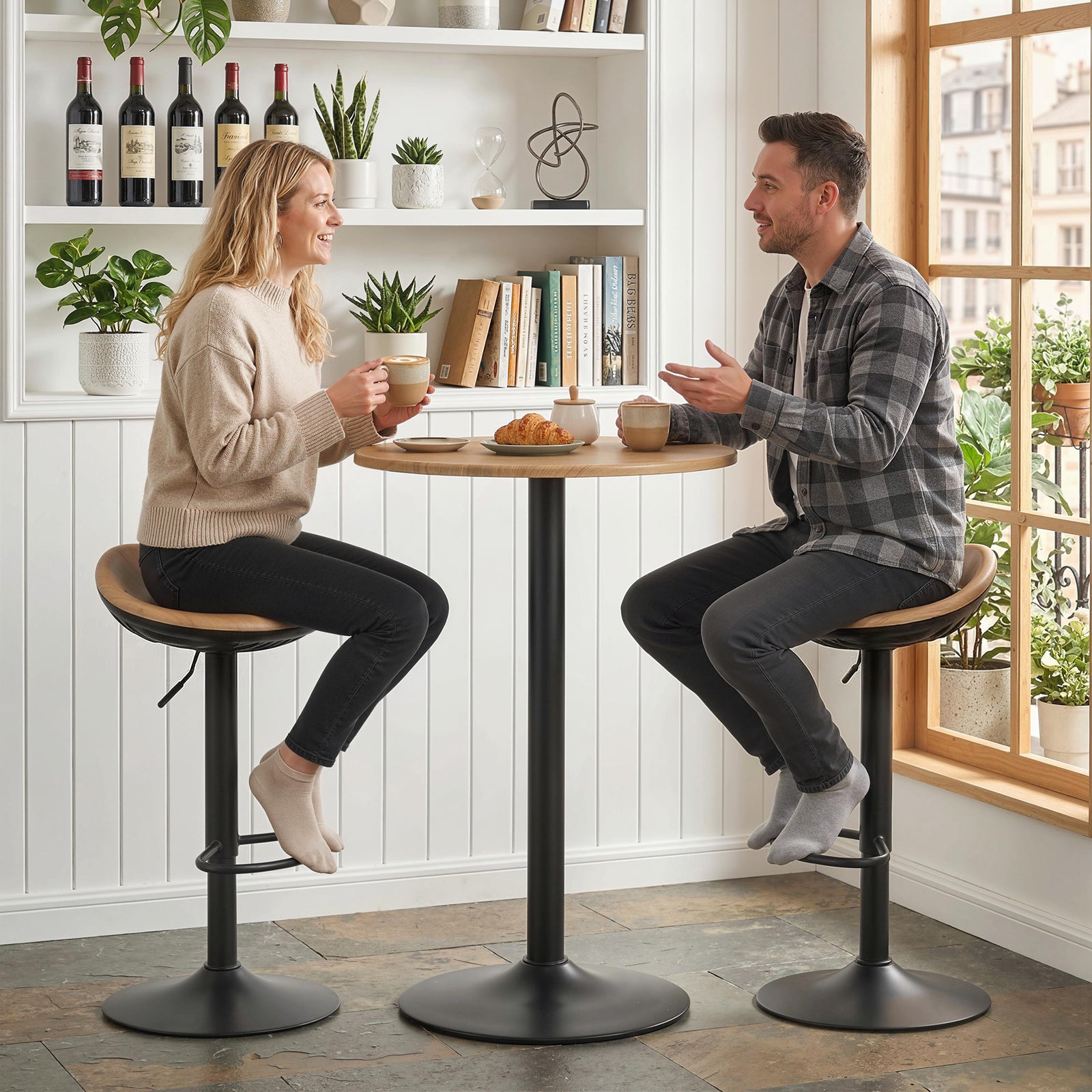 HOMCOM Set Of 2 Breakfast Barstools, Pu Leather Swivel Bar Stools, Oak