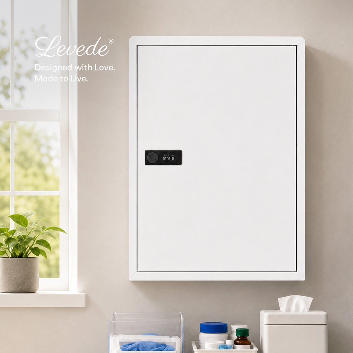 Medicine Cabinet Lockable Storage Box Wall Mounted Metal Home,white