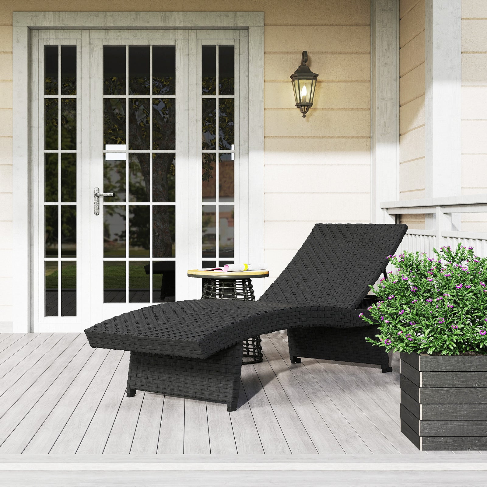 Pe Rattan Sun Lounger With 4-level Adjustable Backrest | Black