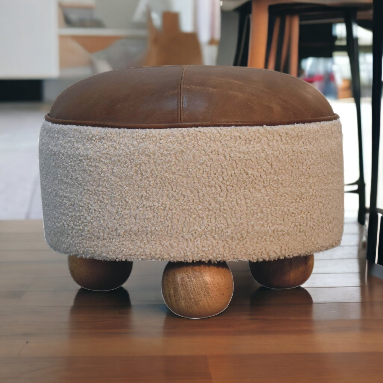 Solid Mango Wood Cream Boucle Buffalo Footstool