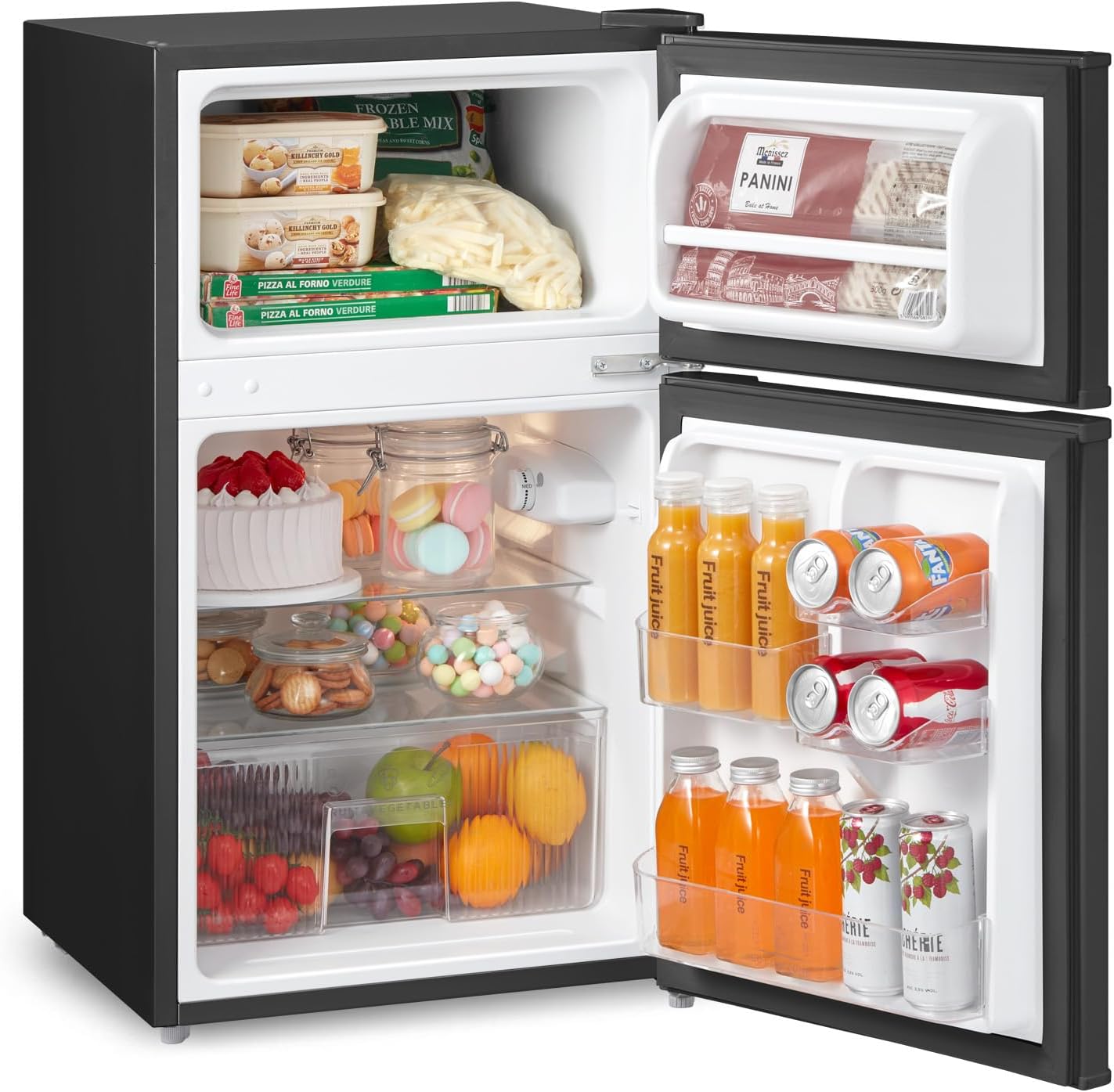 87l Mini Fridge Freezer, 2-door Refrigerator With Led Light, Shelves, Drawer & Adjustable Thermostat | Black