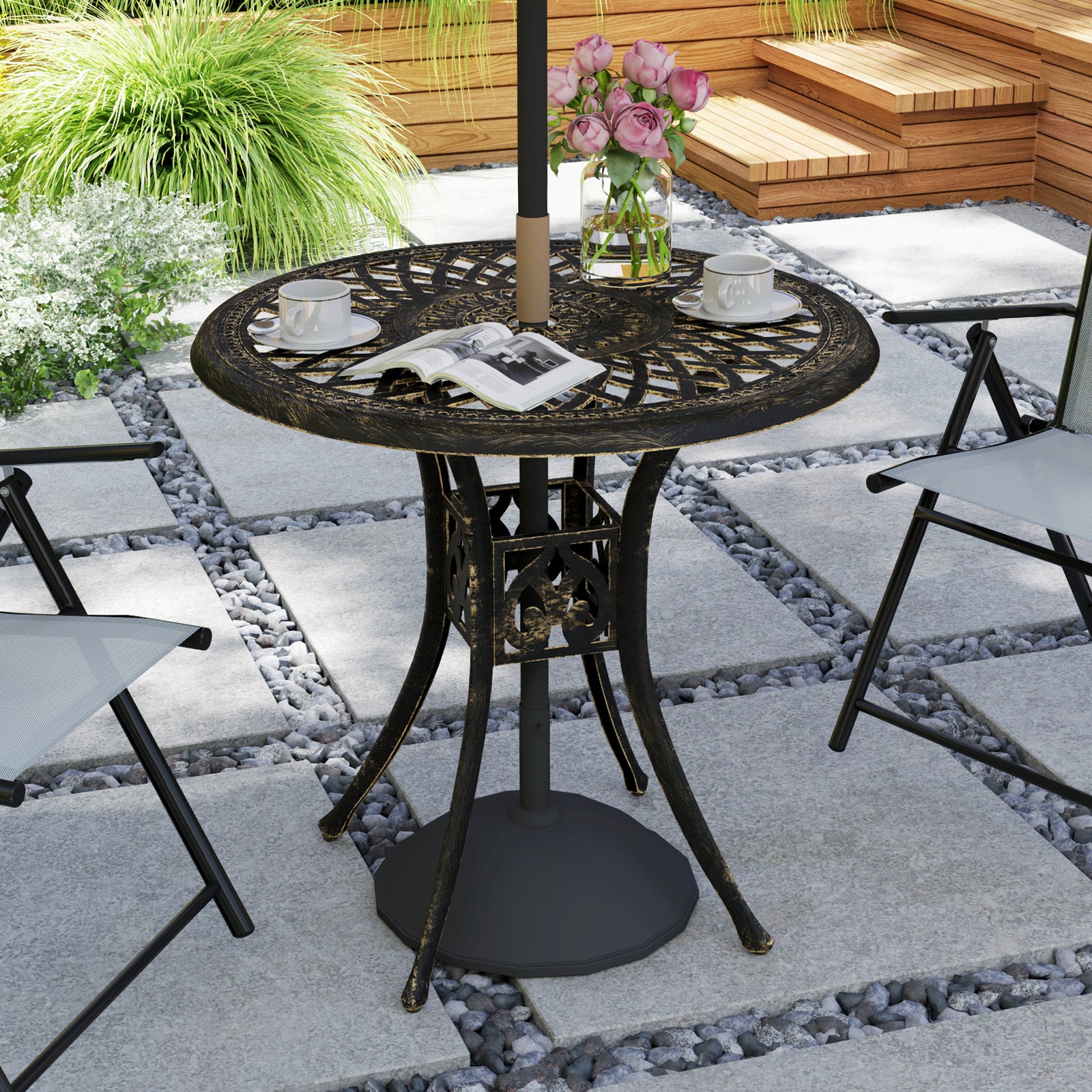 78 Cm Round Garden Dining Table W/ Parasol Hole | Bronze