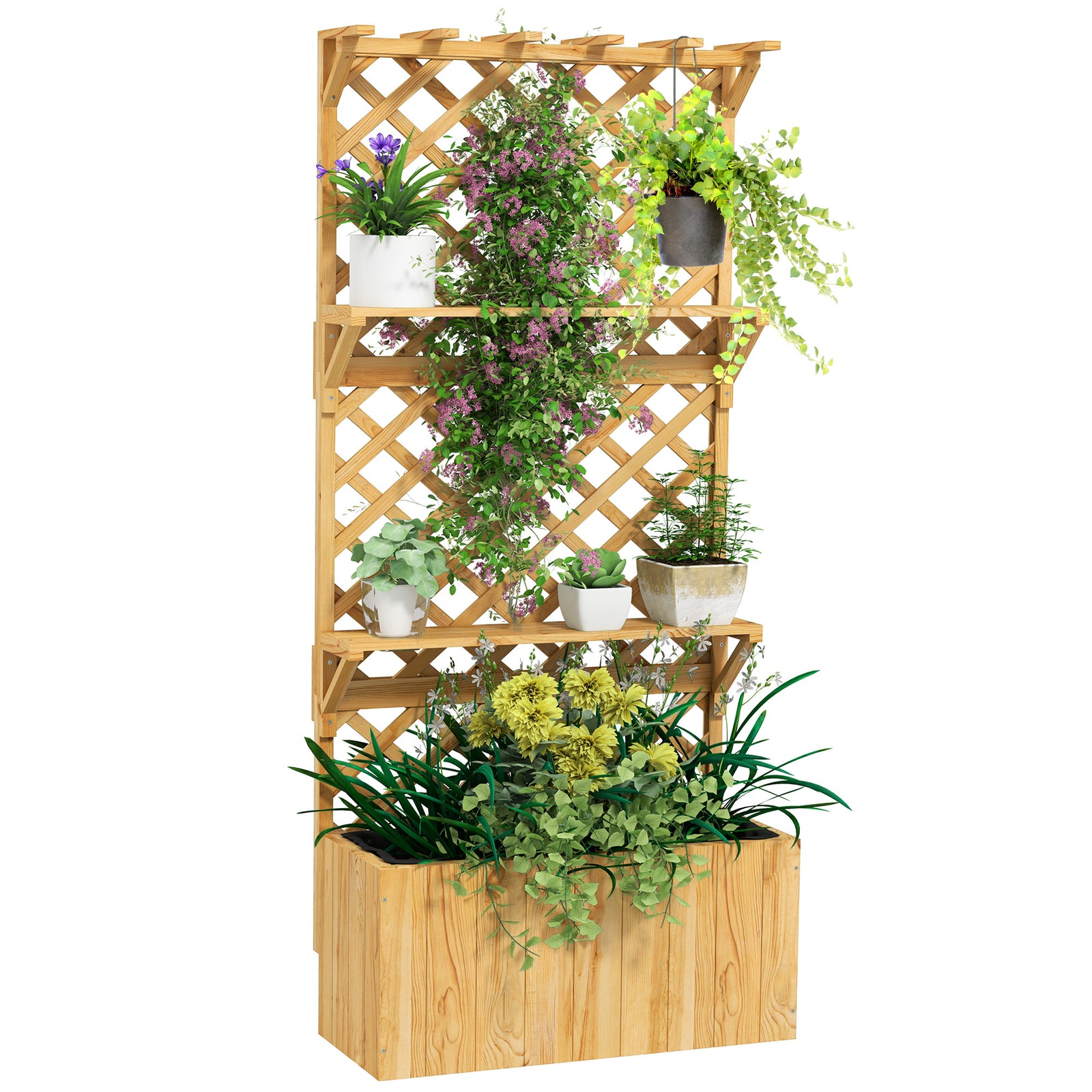 Wooden Raised Planter With Trellis & 2 Shelves