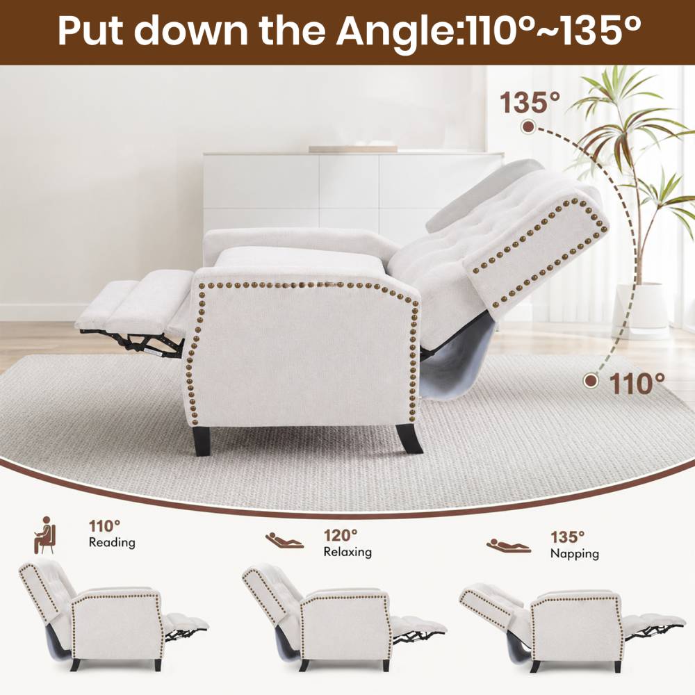 Fabric Upholstered Sofa Pushback Reclining Chair Armchair With Footstool | White