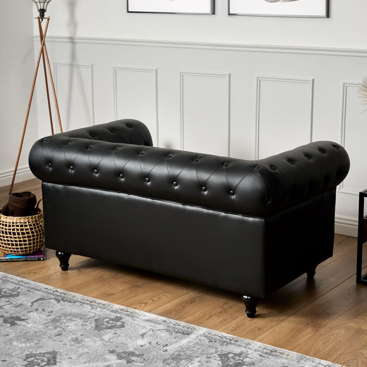 Chesterfield Scroll Arm Faux Leather Sofa 2 Seater | Black