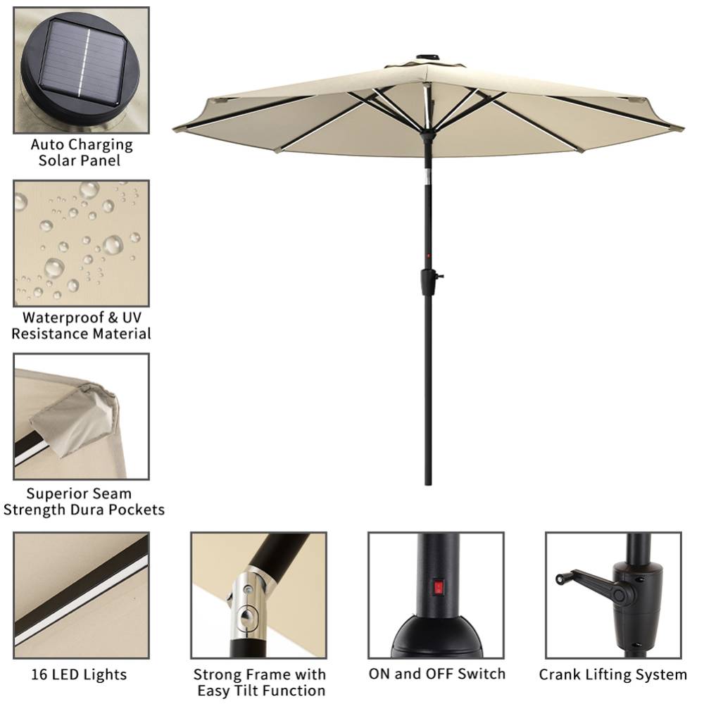 3m Solar Led Patio Umbrella, Outdoor Parasol With 16 Led Tubes, Crank Lift & Push Button Tilt With Round Base | One Size | Beige