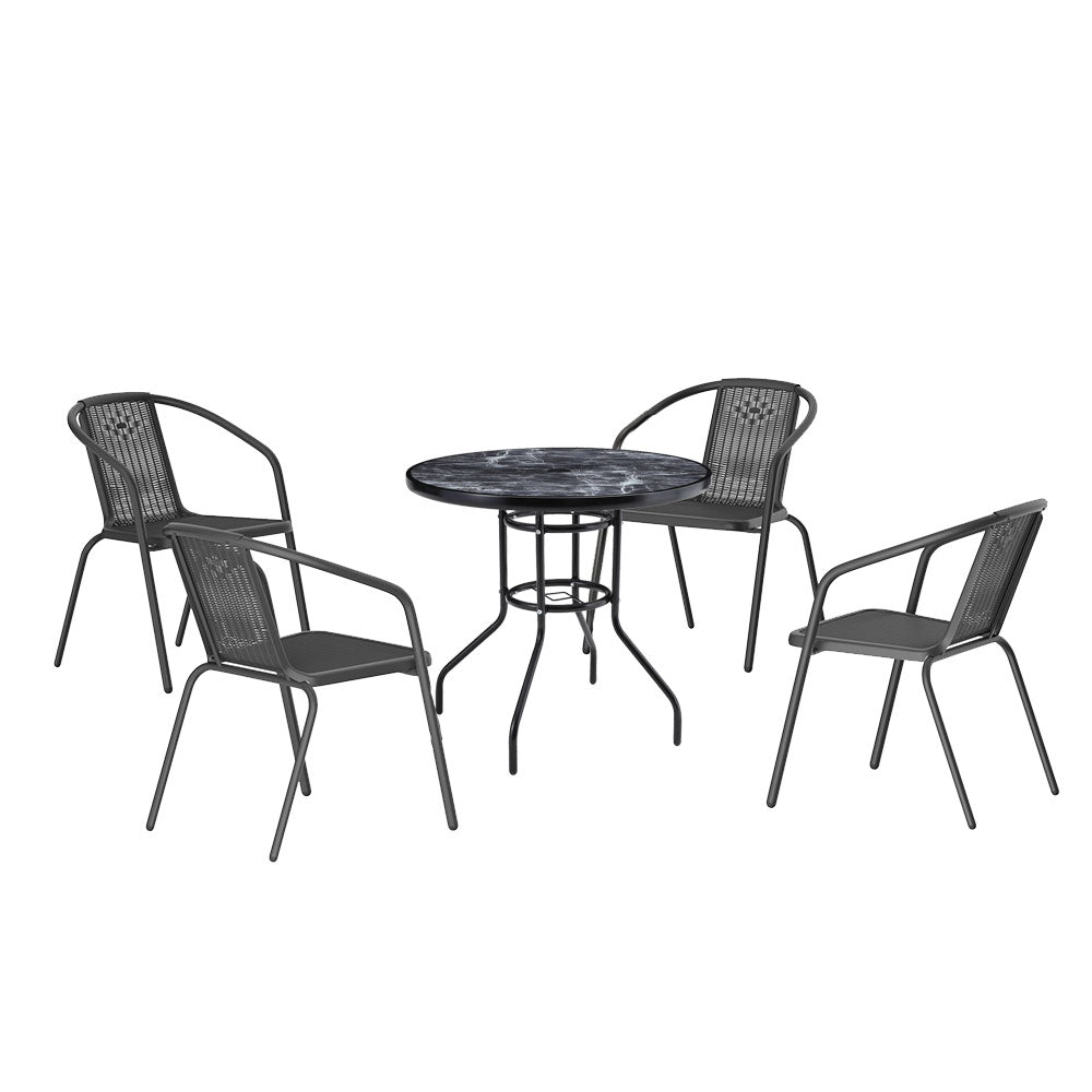5 Pieces Garden Dining Set Garden Marble-patterned Tempered Glass Round Table And Rattan Chair Set