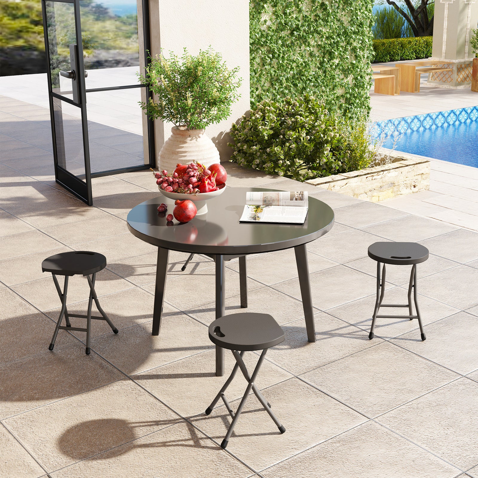Folding Stool Set Of 4, Decorative Garden Stool Set | Charcoal Gray