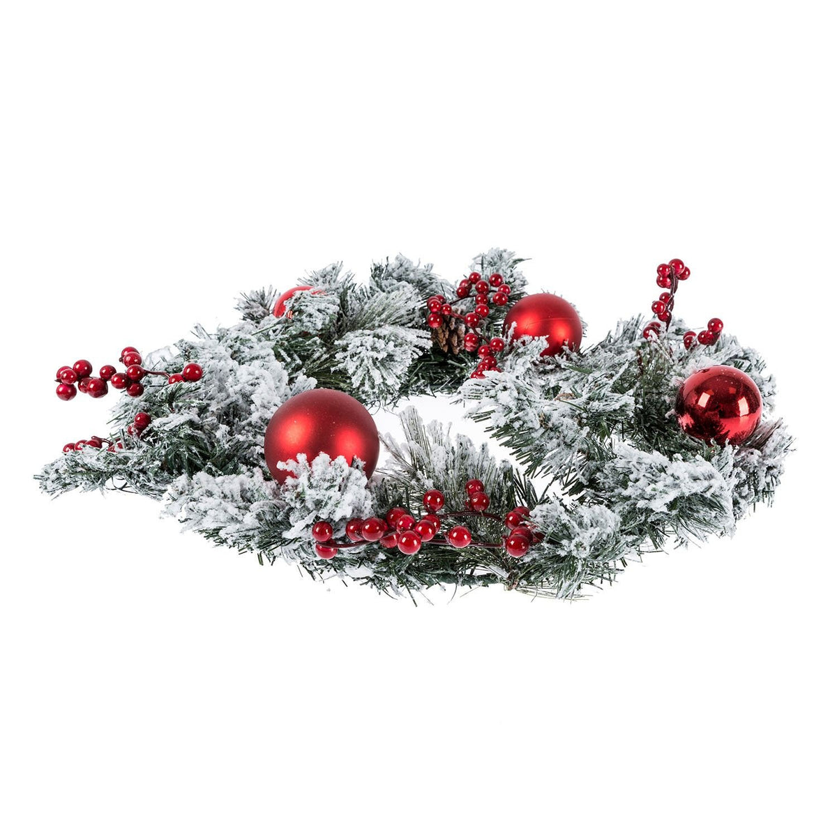 HOMESCAPES Frosted Large Artificial Fir Branch Christmas Wreath With Red Baubles, 19 Inch