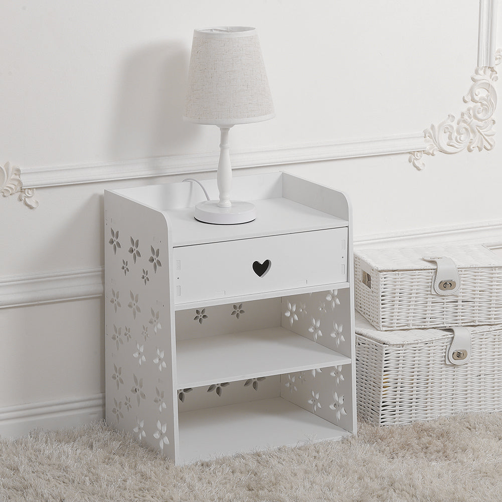 Hollow Carved Flower Pattern Side Table Nightstand With Drawer For Bedroom
