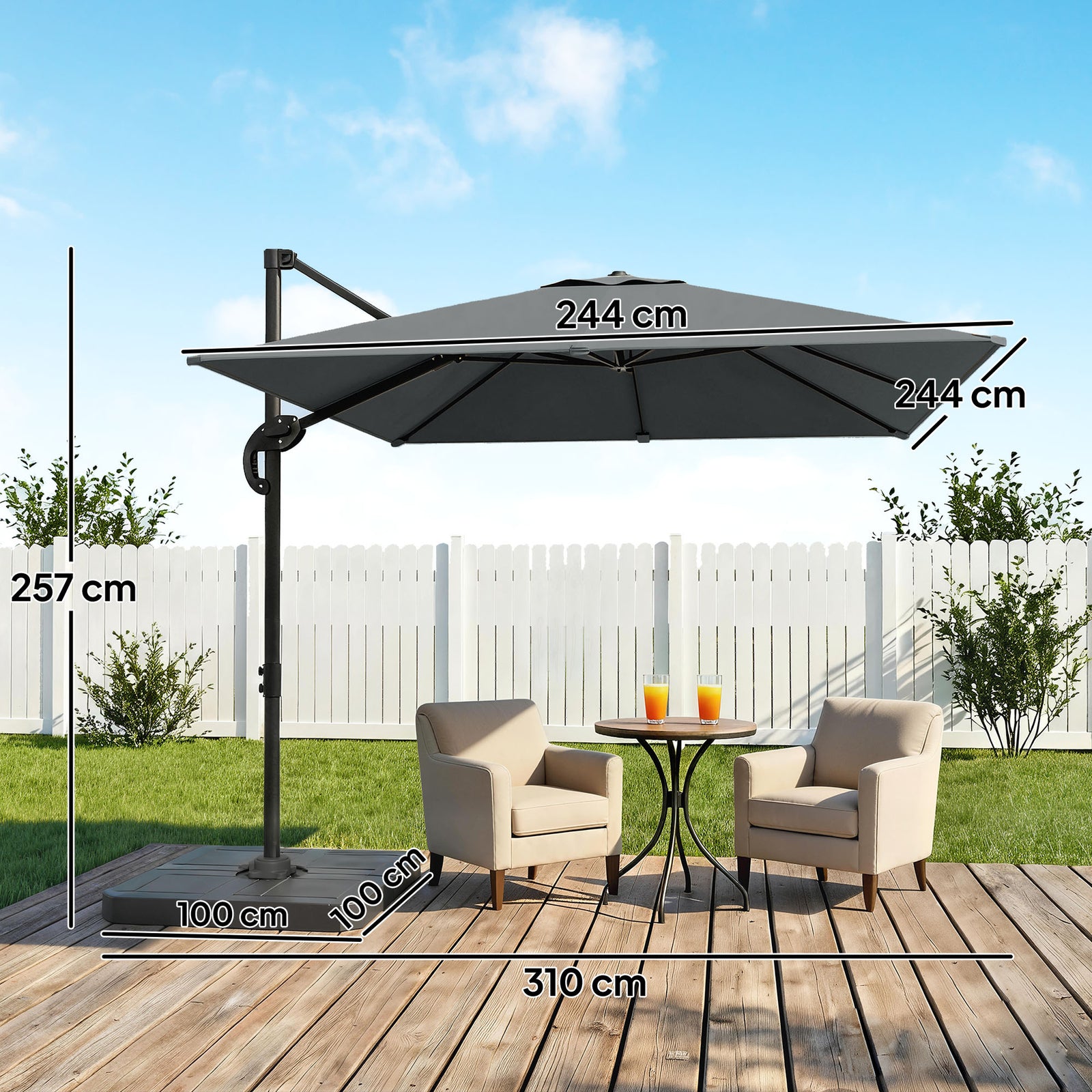 2.4 X 2.4 M Cantilever Parasol W/ Umbrella Weights | Dark Grey