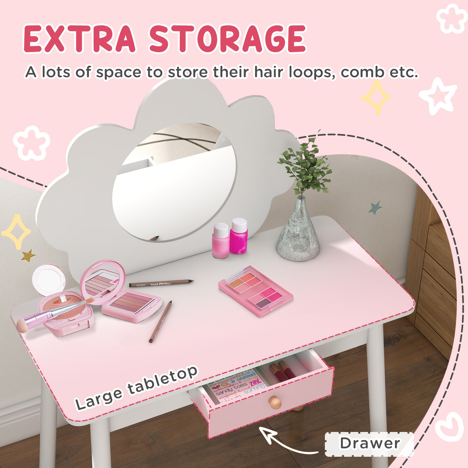 Kids Dressing Table With Mirror And Stool, Drawer, Cloud Design | White