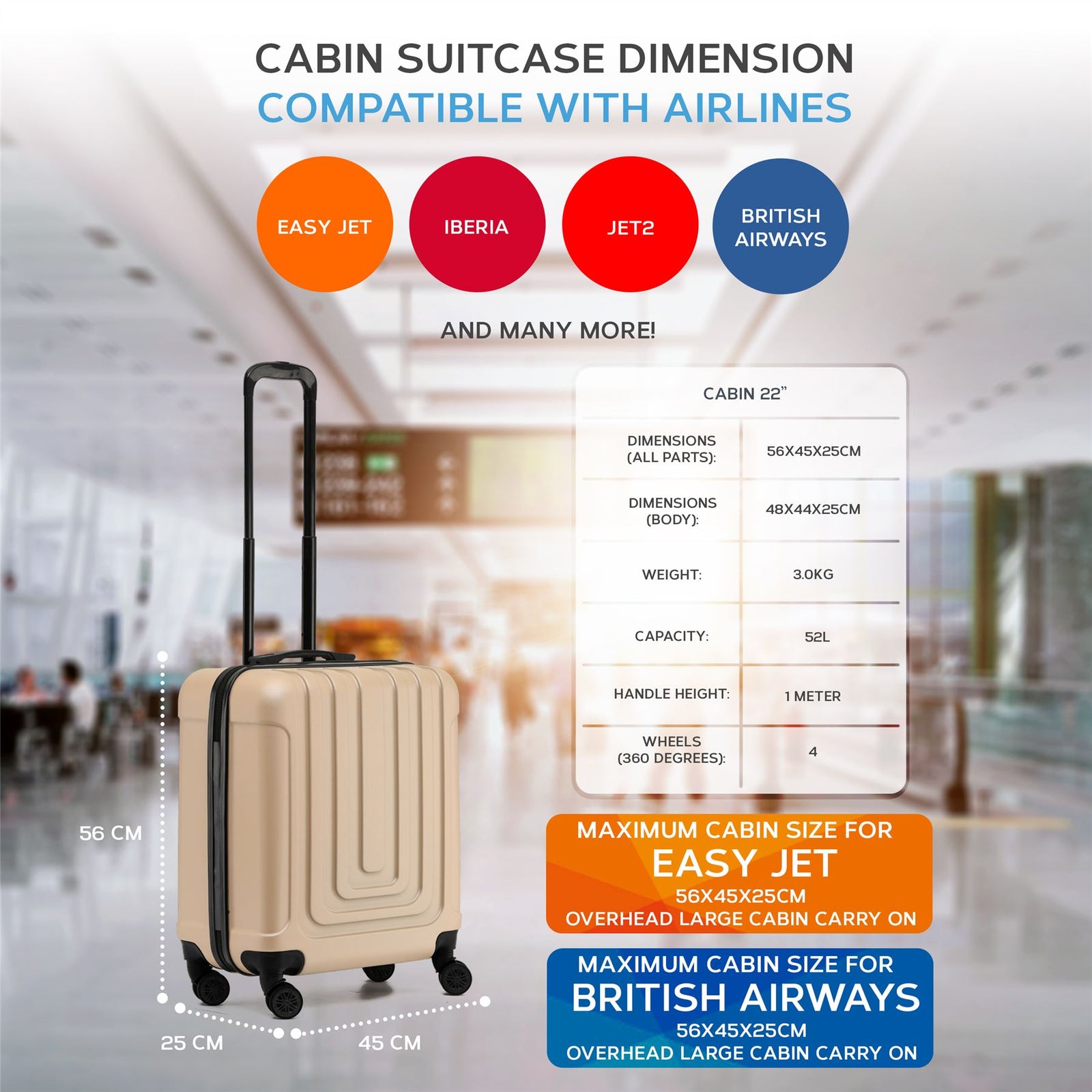 56x45x25cm Large Cabin Carry On Case - Overhead Luggage Suitcase - 4 Spinner Wheels - Abs Hard Shell Cabin Bag | Cabin | Champagne