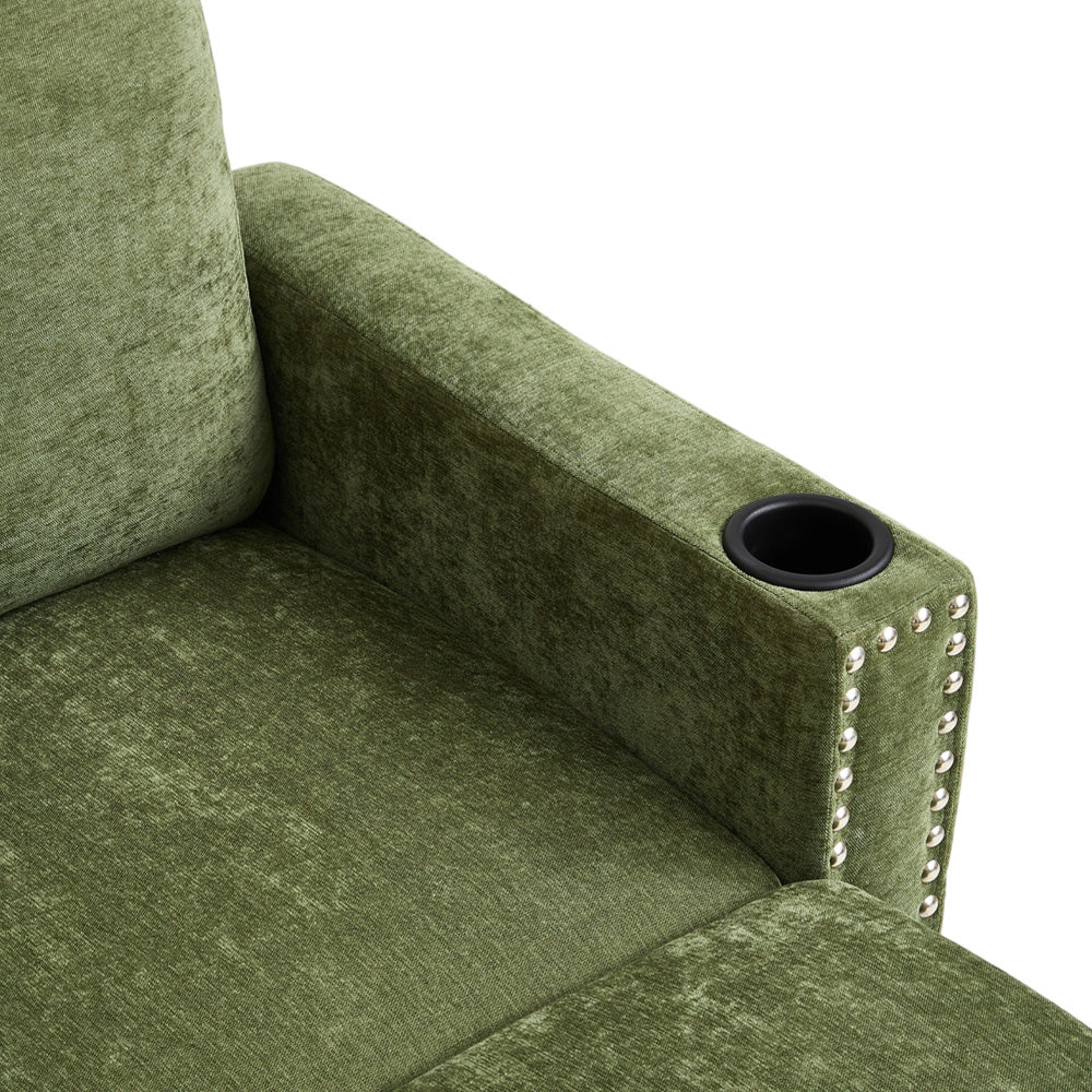 Green Polyester 3-seater Sofa With Ottoman – Vintage Metal Rivets, Cup Holders & Side Pockets, Wood & Iron Frame