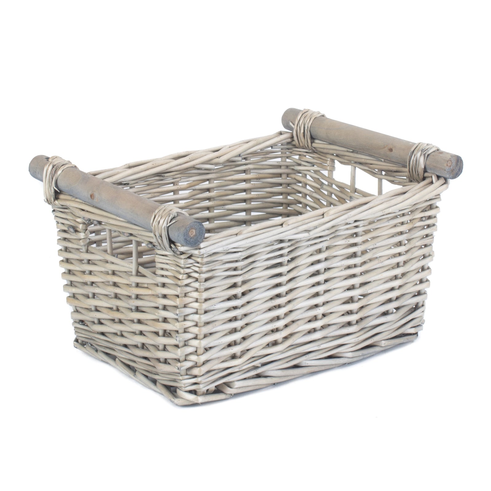 Wicker Grey Wash Wooden Handled Storage Basket | Small