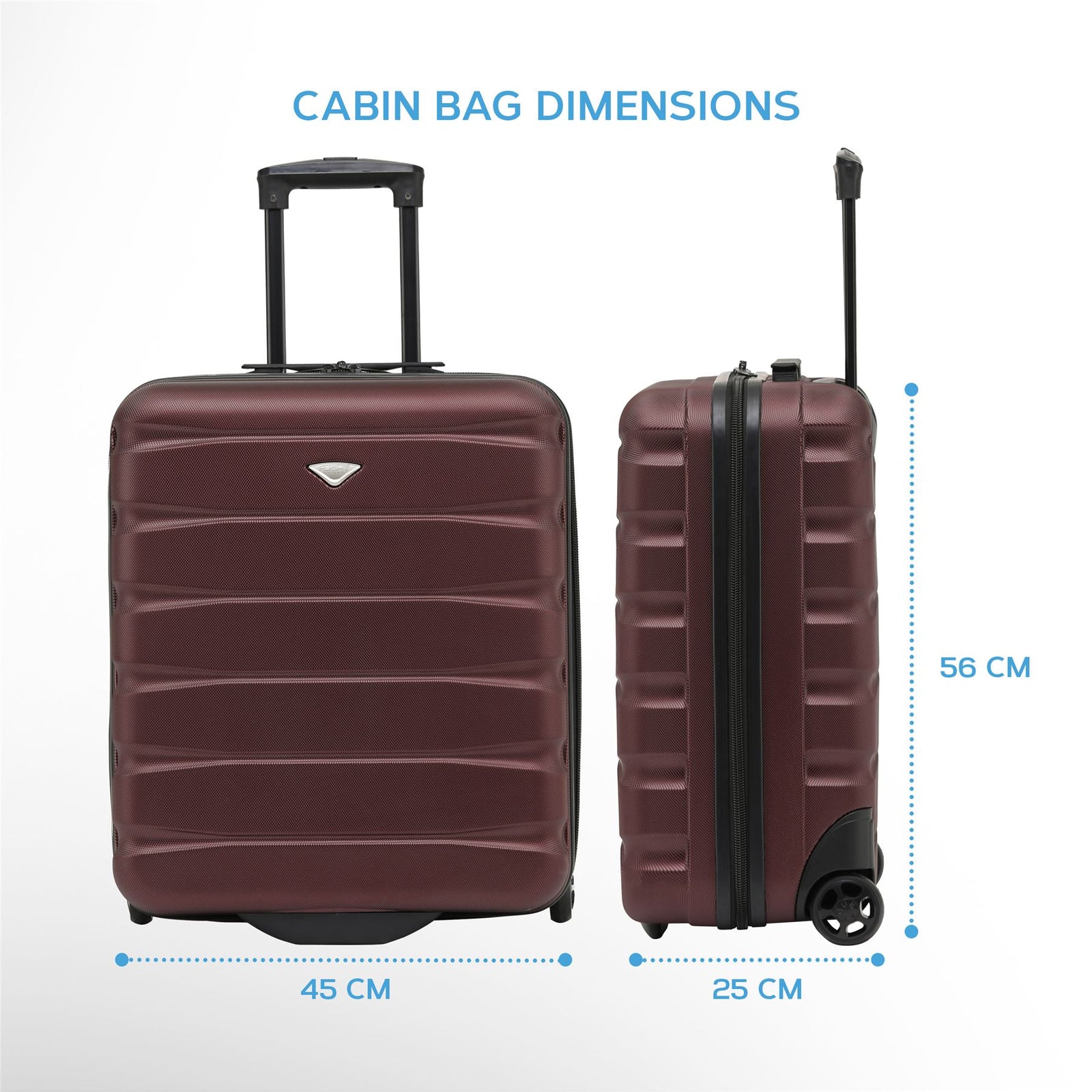 56x45x25cm Hard Cabin Suitcase - Lightweight 2-Wheel ABS Carry On Hand Luggage | Cabin | Burgundy
